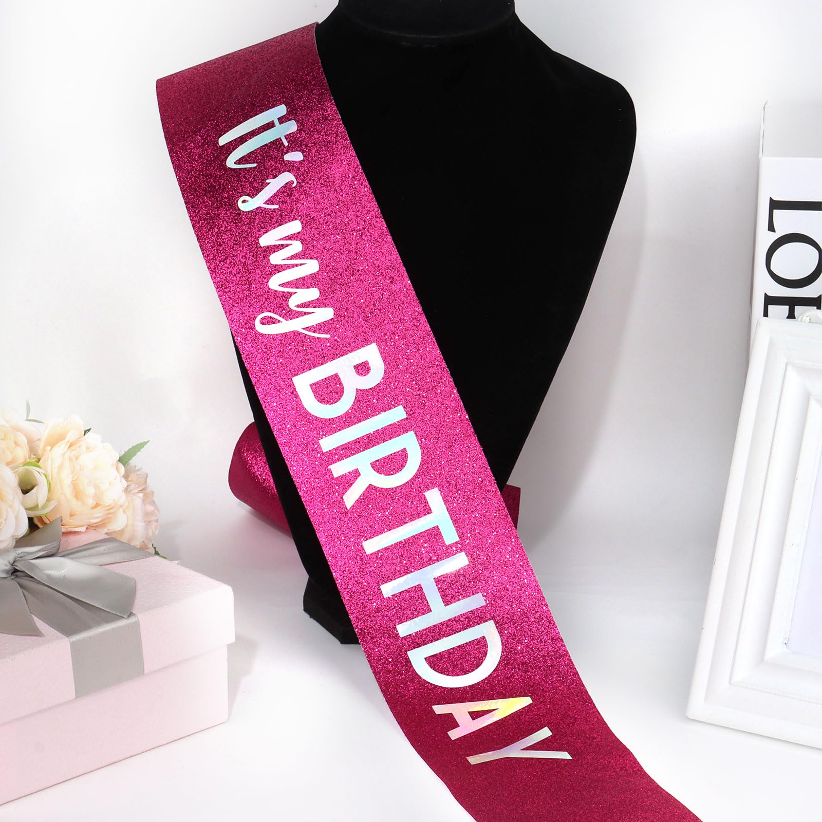 It's My Birthday Schärpe, Glitzer-Schärpe mit mehrfarbiger Folie, Happy Birthday-Dekorationen für Damen, Mädchen, Männer, Jungen, rosa Party-Dekorationen