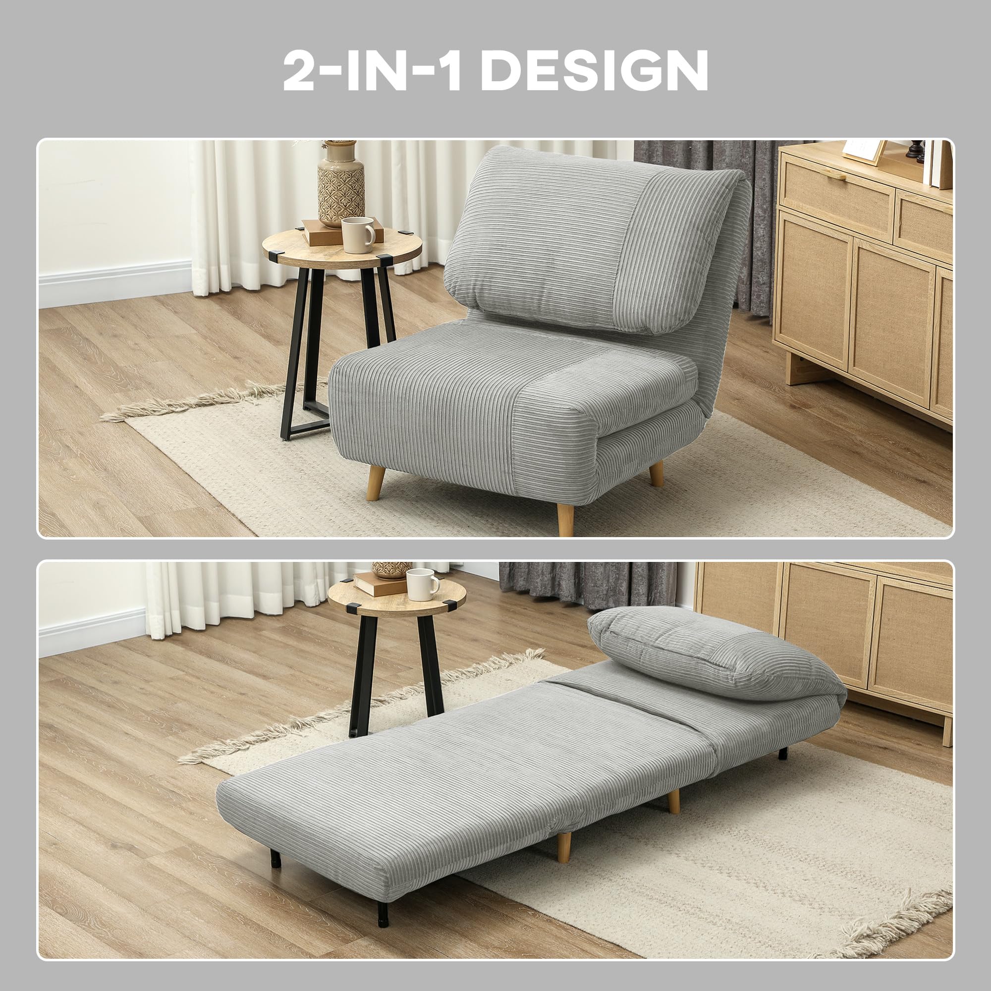 HOMCOM 2 in 1 Schlafsessel Klappbar Gästebett 82 x 87 x 89 cm Grau | Schlafsofa mit Bettfunktion, Verstellbarer Rückenlehne, Relaxsessel in Cordoptik, Klappsessel, bis 200kg