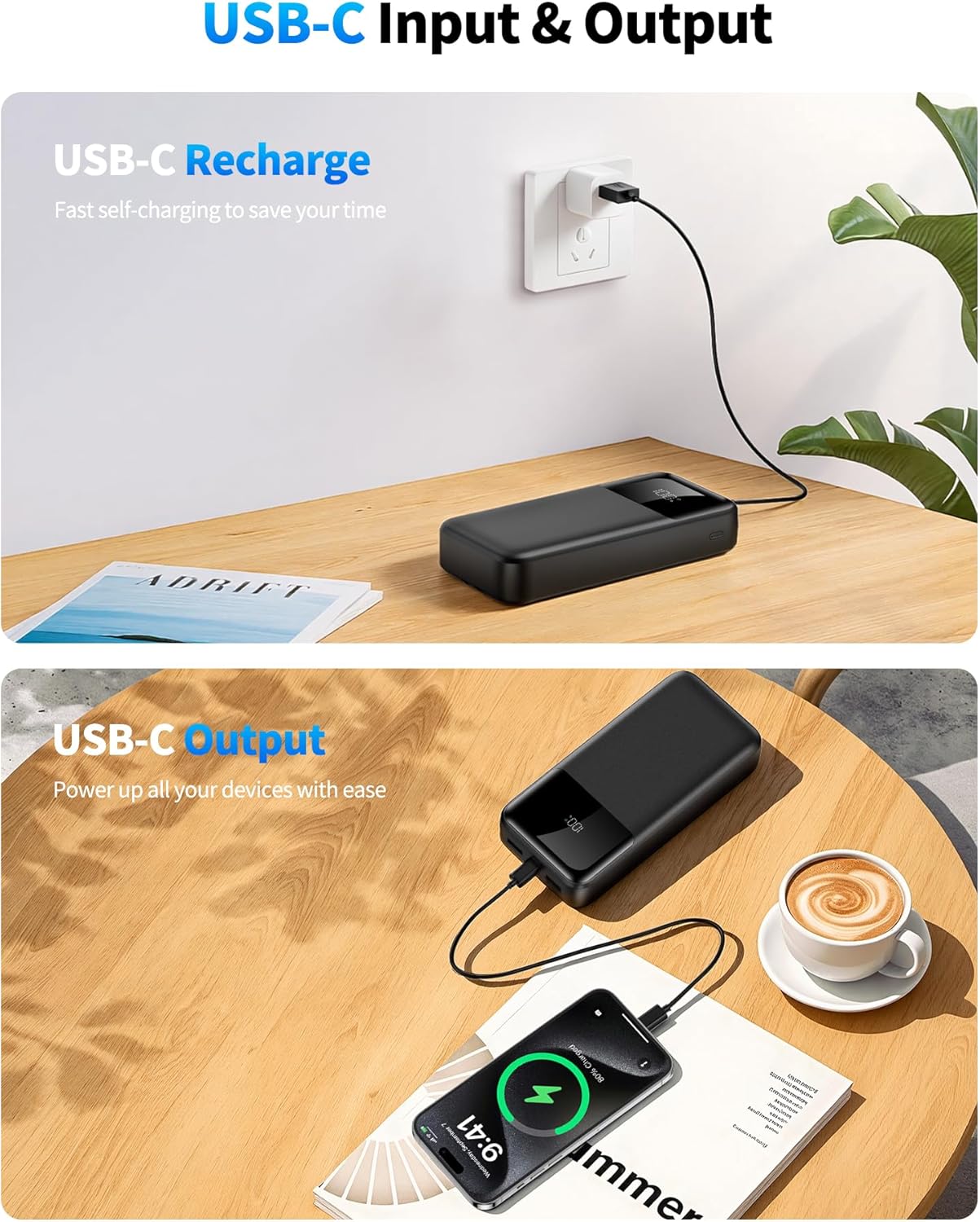 Portable Charger, 40000mAh Power Bank 22.5W Fast Charging, Built-in 2 Output Cable, Type-C Mobile Charger 5 Devices Simultaneously LCD Display for iPhone and Android Phones and Most Electronic Devices - Image 5