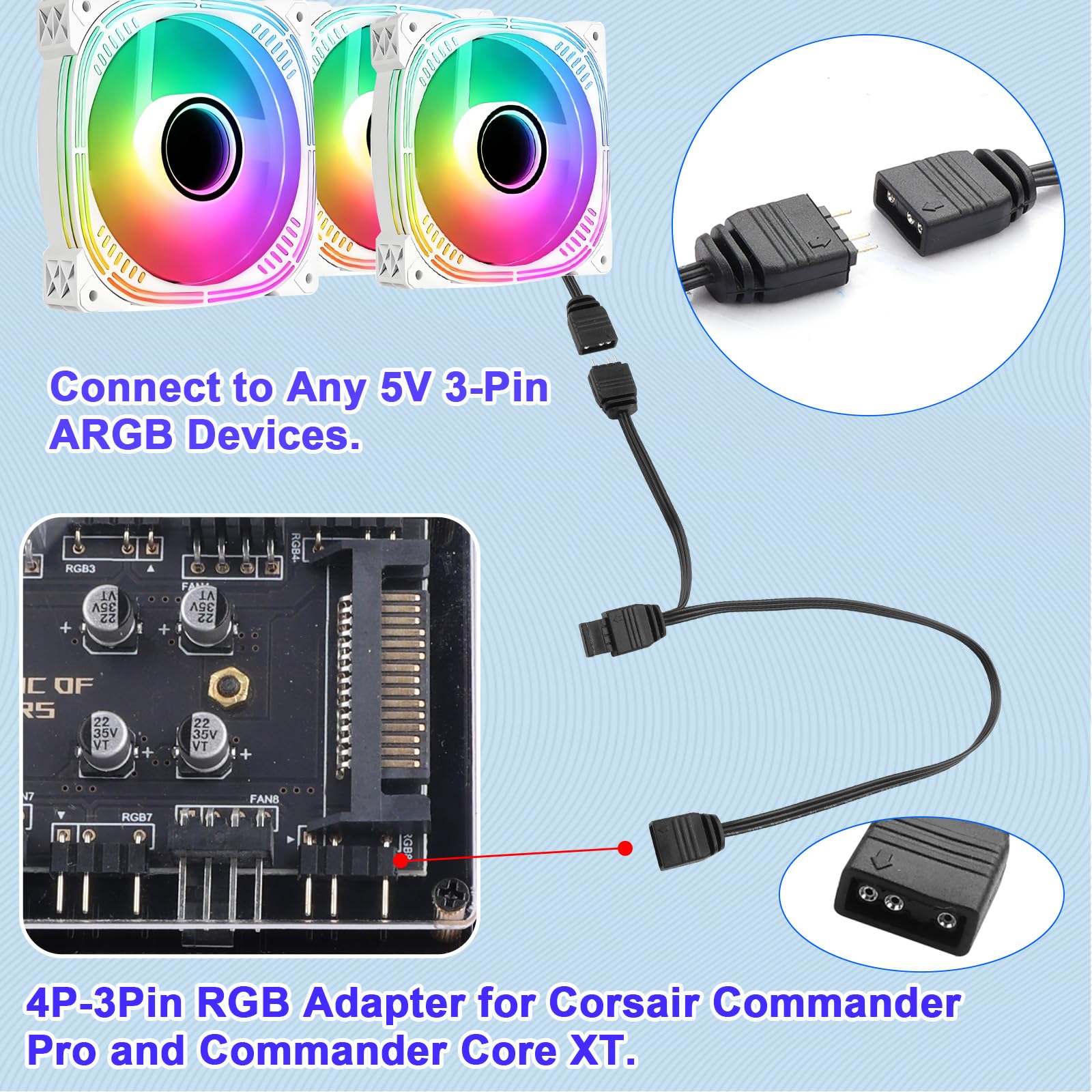 ARGB Kabel przedłużający 4-pinowy na 3-pinowy: 1 złącze żeńskie na 3 złącza męskie adresowalny adapter do synchronizacji RGB 35 cm kabel przedłużający (1 do 2)