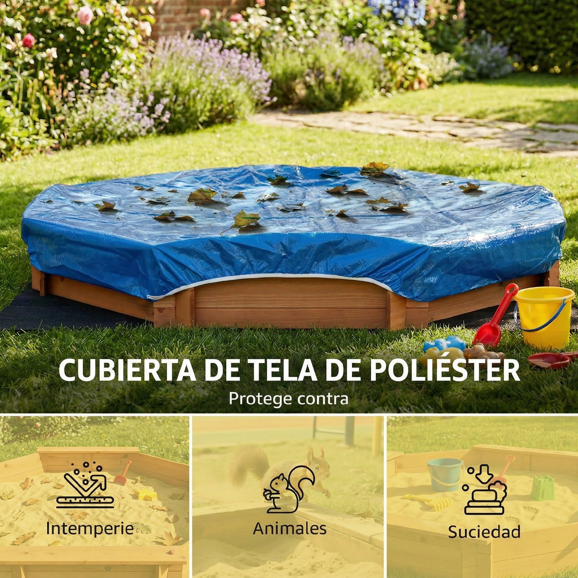 Outsunny Arenero Infantil Octágono de Madera con Cubierta de Poliéster 139,5x139,5x21,5 cm Rojo y Azul