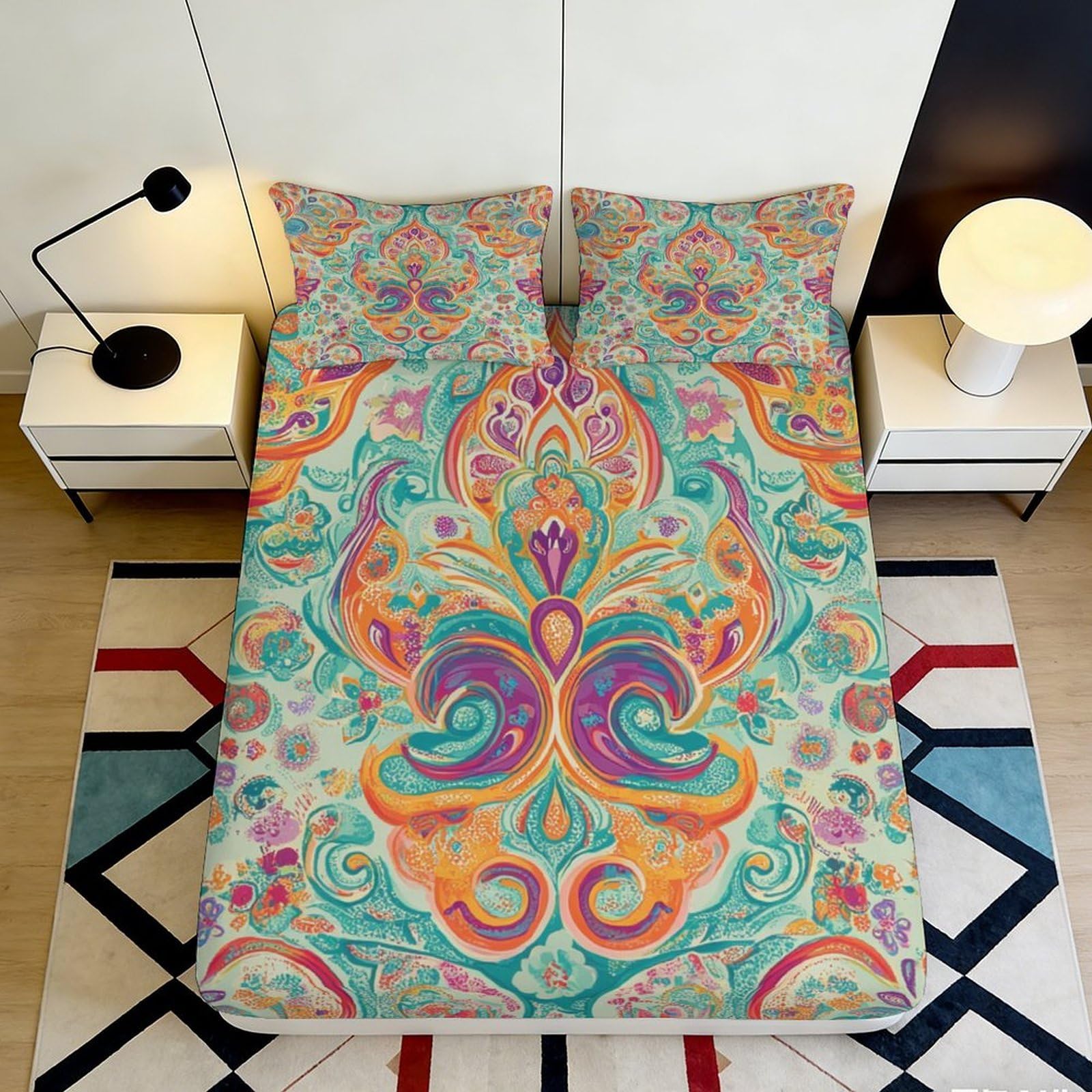 3D Printed Paisley Floral Fitted Sheet Microfiber Soft Colorful Mandala Mattress Cover for Bedroom Decor Protection 90x200x25cm