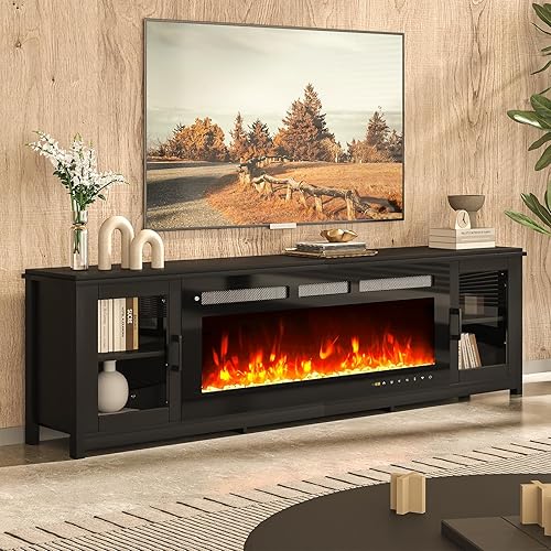 oneinmil 90" Fireplace TV Stand, 60 Inch Smart Fireplace & Modern Entertainment Center, Fire Place TV Console with WI-FI Enabled for TVs Up to 100", TV Stands for Living Room, Black