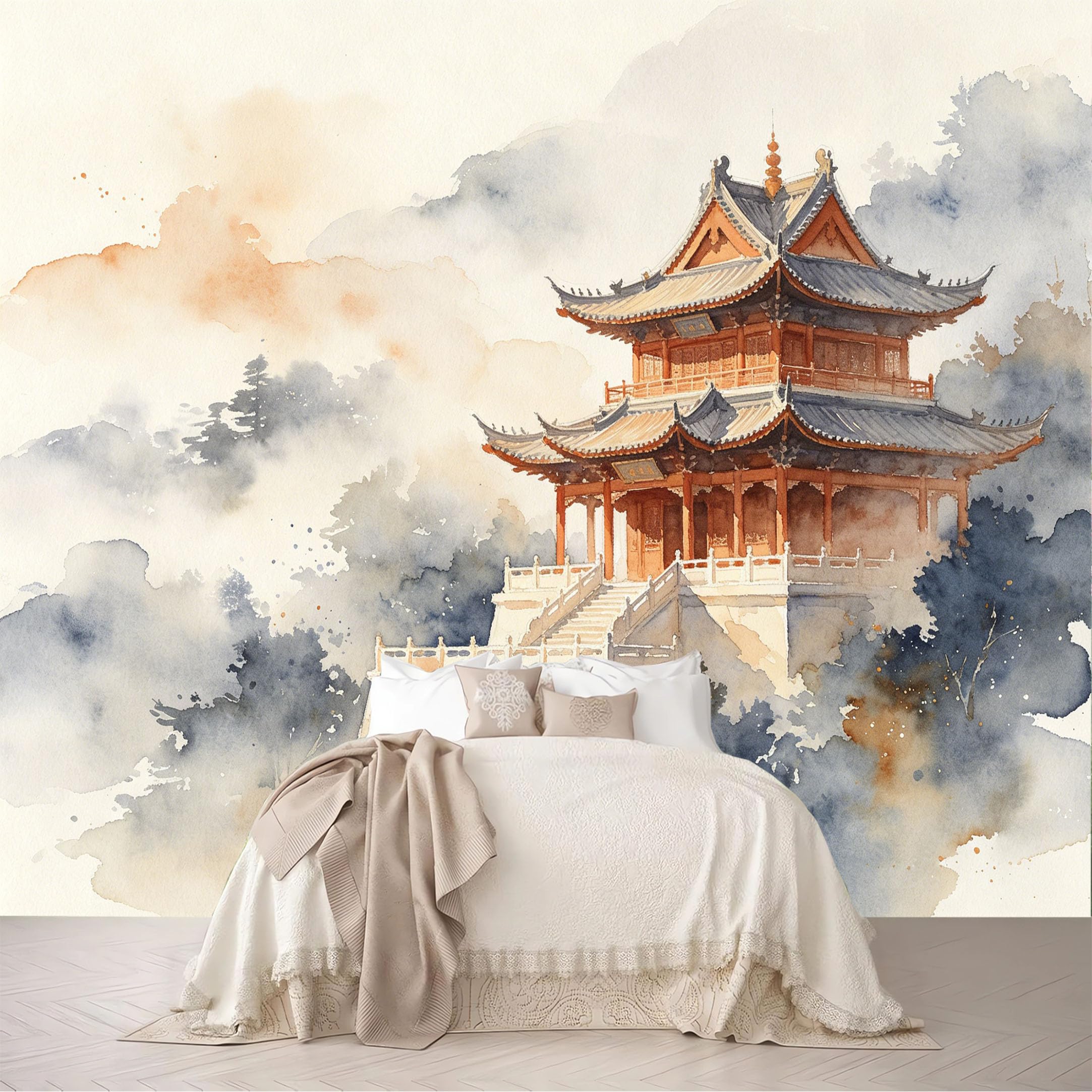 Dskjoviality Ab260706122 Custom Size Wall Murals Misty Ancient Pavilion Mountain Chinese Watercolor Removable Self-Adhesive For Bedroom Living Room Dining Room