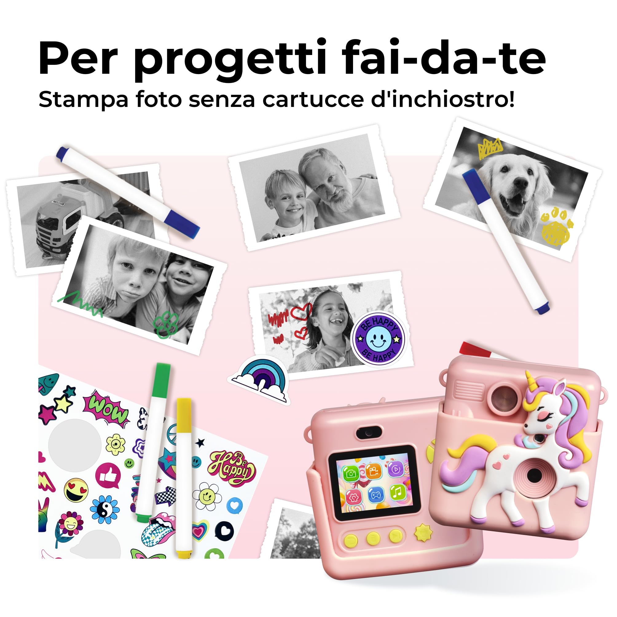 Denver KPC-1363RO Fotocamera Istantanea per Bambini con Stampa Termica, 20MP, Video Full HD 1080p, Schermo LCD 2”, Cover in Silicone, Rosa