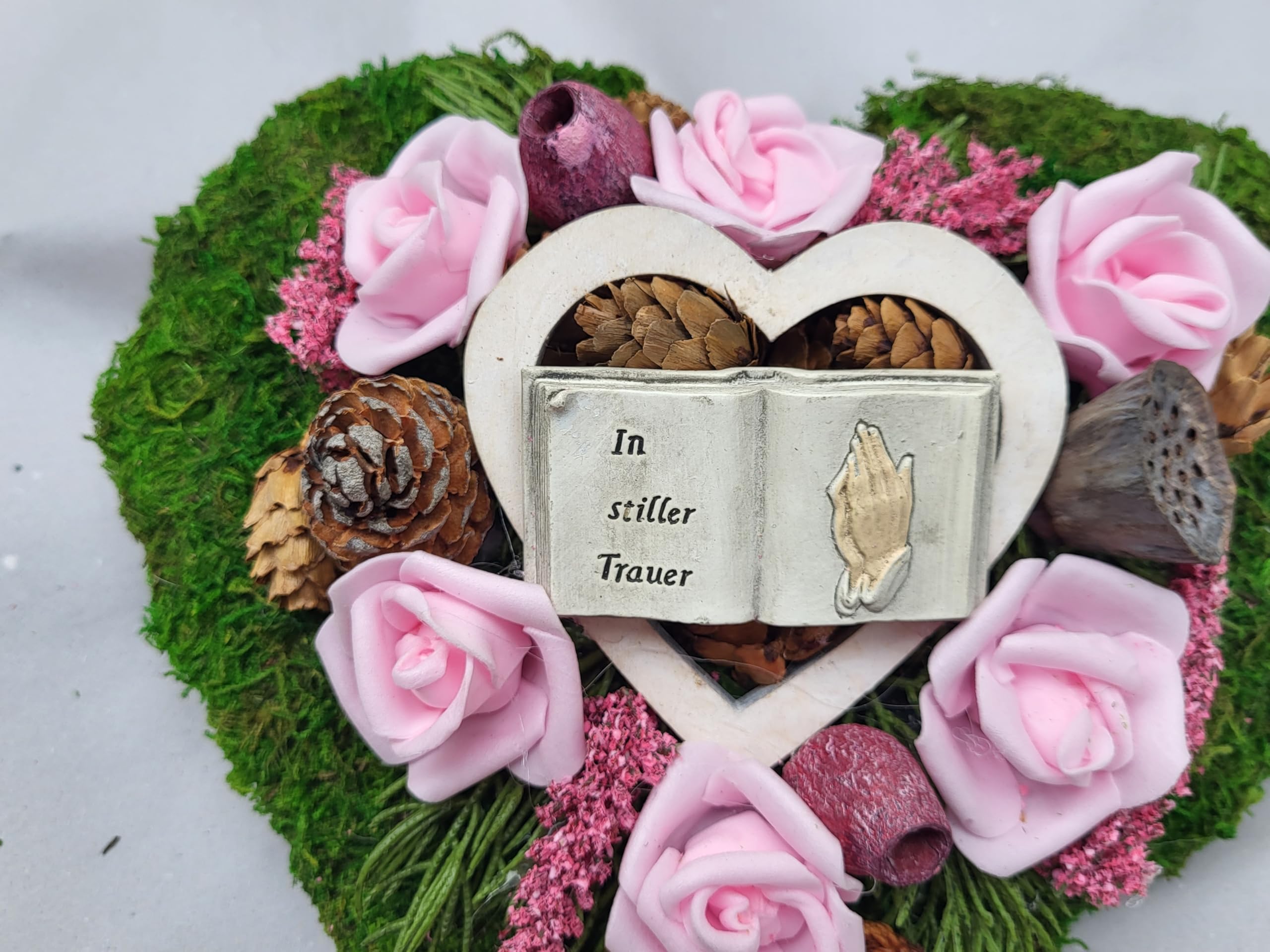 Grabgesteck künstlich Grabschmuck Grabgesteck Allerheiligen haltbar rosa Herz klein