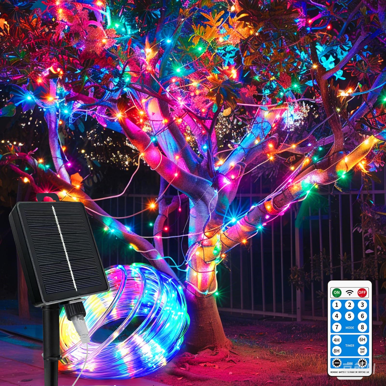 LairtPOW Paquete de 4 luces solares de cuerda de 39 pies, 100 luces LED multicolor impermeables para exteriores, control remoto, para camino, piscina, patio, jardín, palmera, Navidad, Halloween