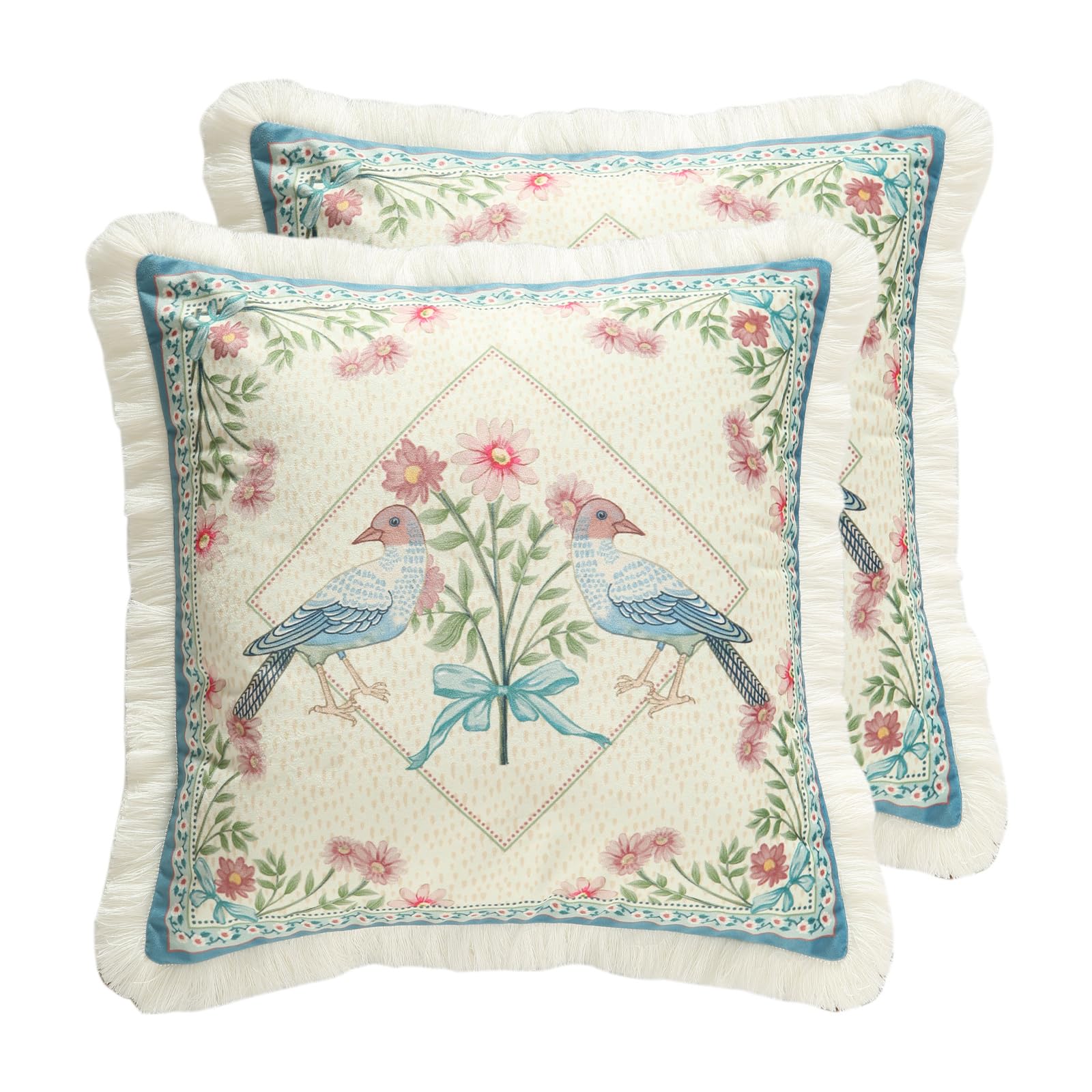 Designer French Country Velvet Throw Pillow Cover 18x18 inches,Elegant Blue Pink Birds and Floral Pattern,Decorative Square Pillowcases Cushion for Bed Living Room Outdoor Car,Pack of 2