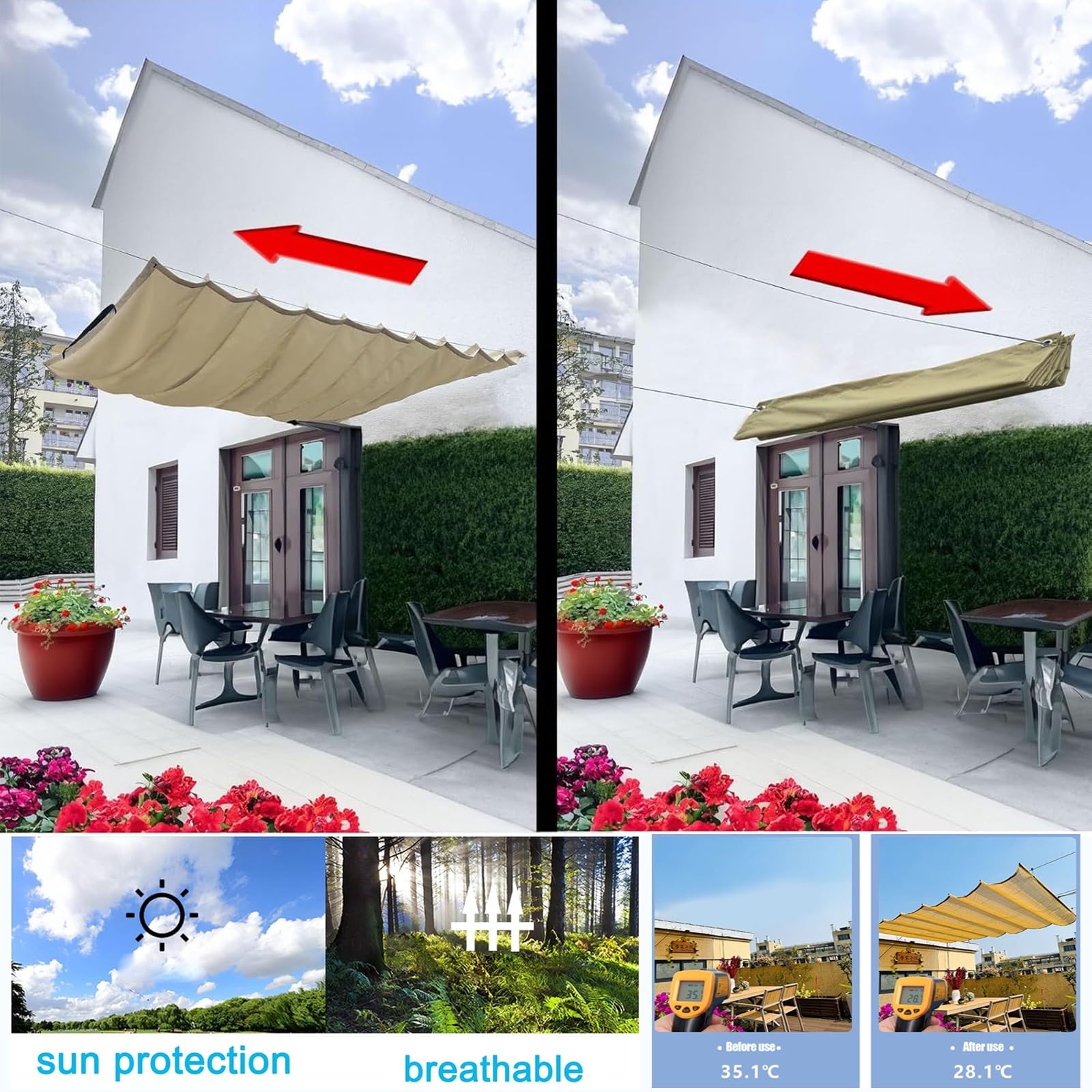 Generisch Einziehbarer Sonnenschutz Markise Elektrische Pergola-Abdeckung Mit Installationsset Verstellbares Wellen-Sonnensegel Für Terrasse Garten Outdoor-Pavillon UV-Schutz