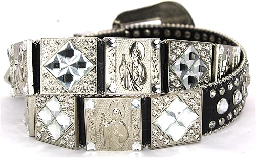 Miniatura 2 de Cinturón occidental de cuero genuino para hombres y mujeres, diamantes de imitación grandes con hebilla grabada para vaqueros y vaqueras