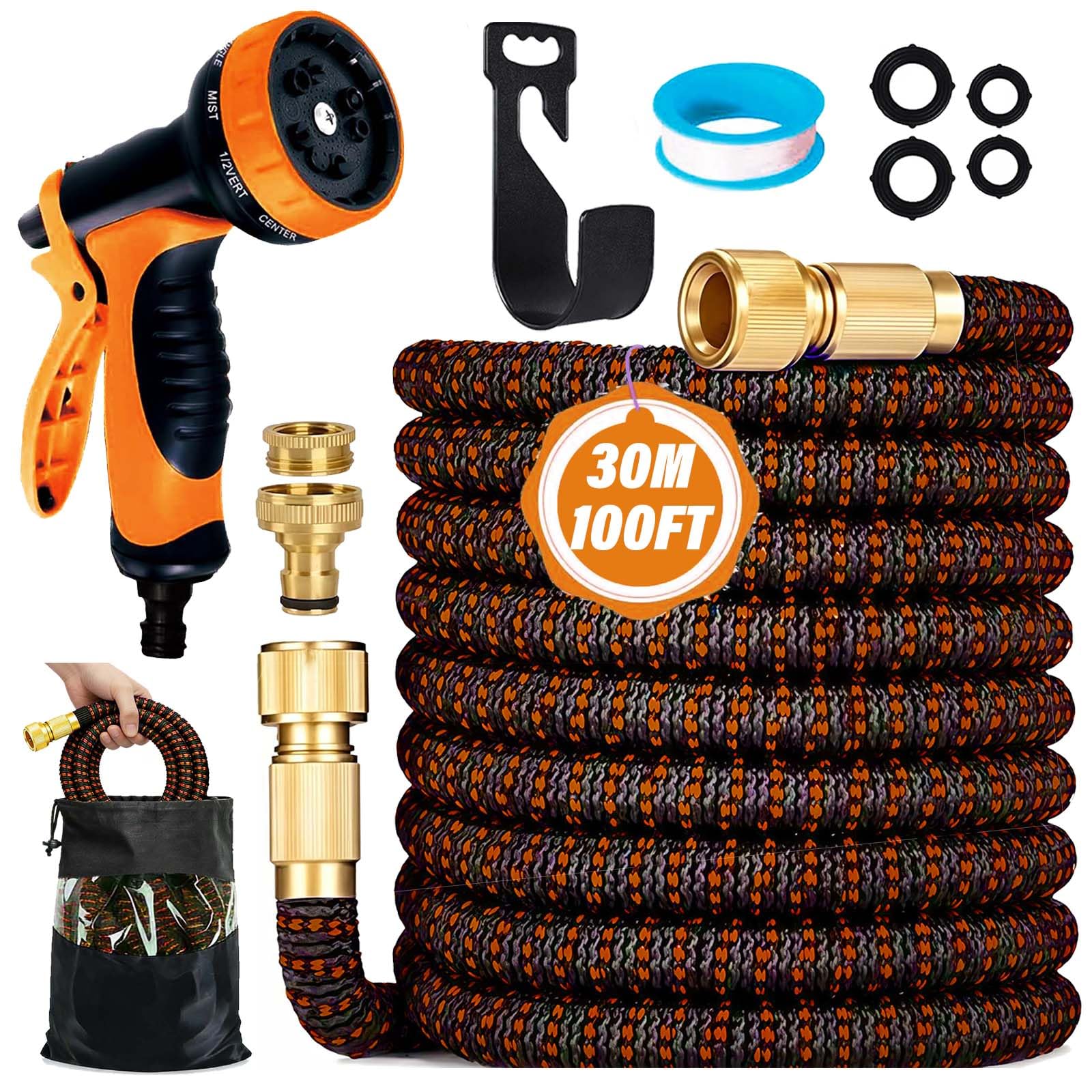 Tubo da Giardino Estensibile 30M – Raccordi Universali 1/2" e 3/4" Anti-Perdita, Tubo Acqua Flessibile, Pistola 10 Funzioni per Auto e Giardinaggio (Arancione)