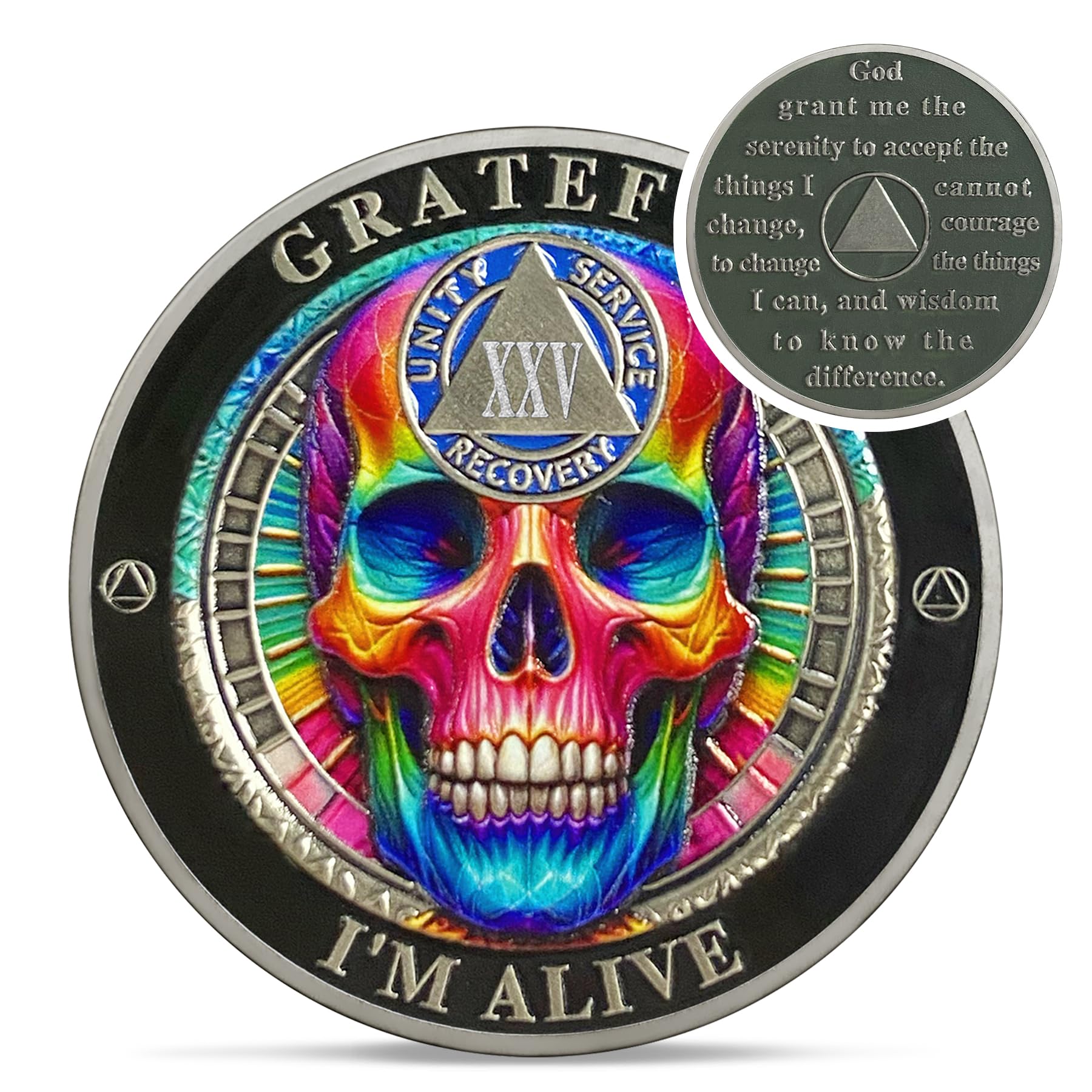 Tęczowa czaszka 25-letnia moneta trzeźwości - Monety AA Grateful I'm Alive - Recovery Addiction NA AA żetony i medaliony - 1-30 lat życia czyste narkotyki alkoholicy anonimowe prezenty dla mężczyzn