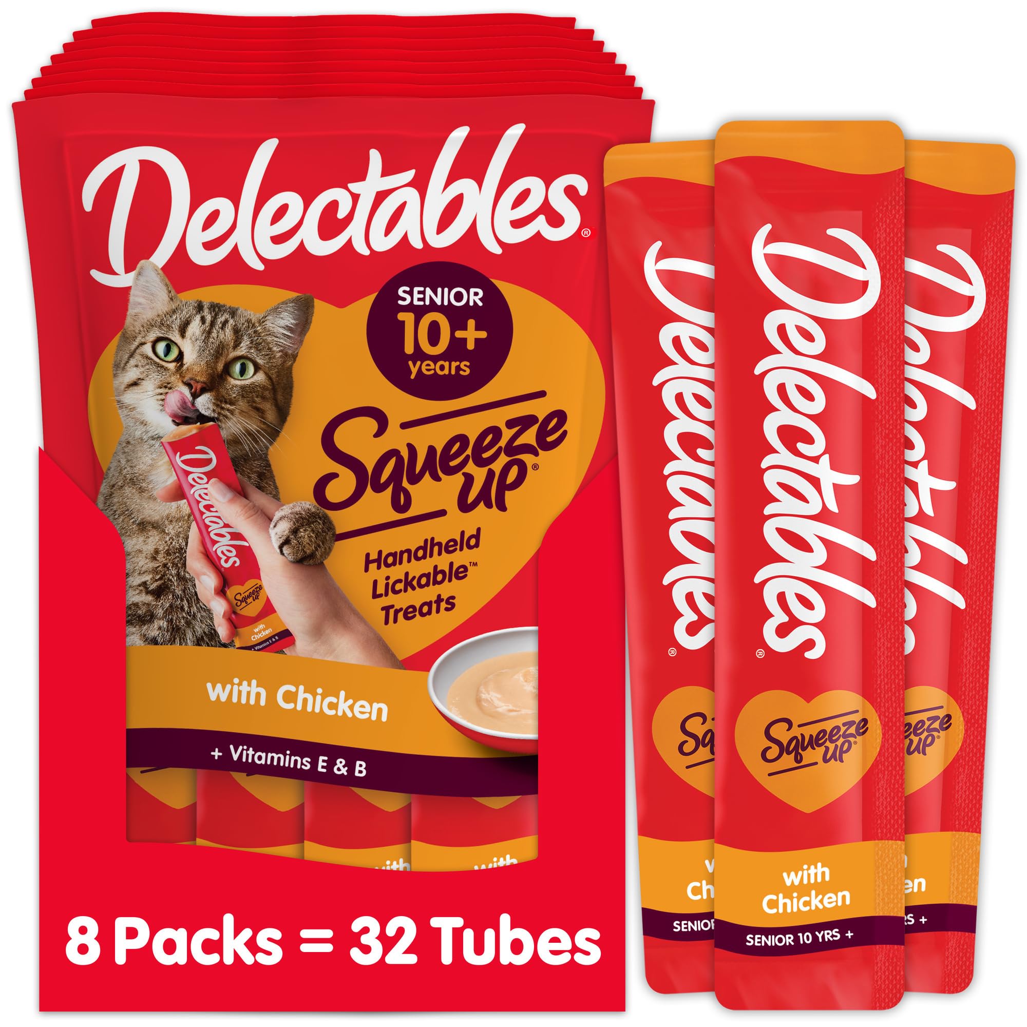 Delectables Squeeze Up Creamy Squeezable Puree, Lickable Wet Cat Treats, Grain Free, No Added Fillers, No By-Products, No Added Preservatives, 0.5 Ounces Senior Chicken, 32 Tubes Total