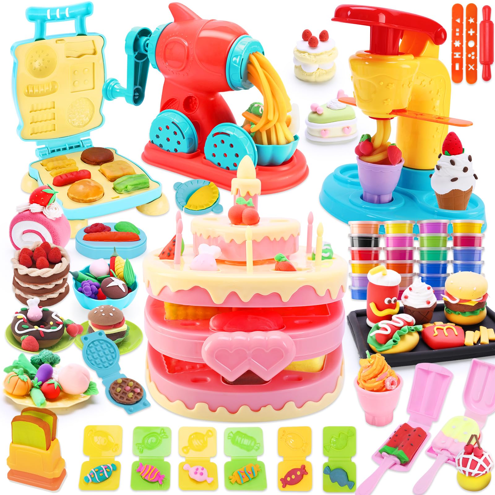 VBACALA Set Plastilina per Bambini 4 in 1-73 Pezzi,Kit Creativo con Accessori per Modellare Gelatiera, Hamburger, Torta e 24 Lattine di Argilla, Feste e Compleanni per Bambini 3+ Anni