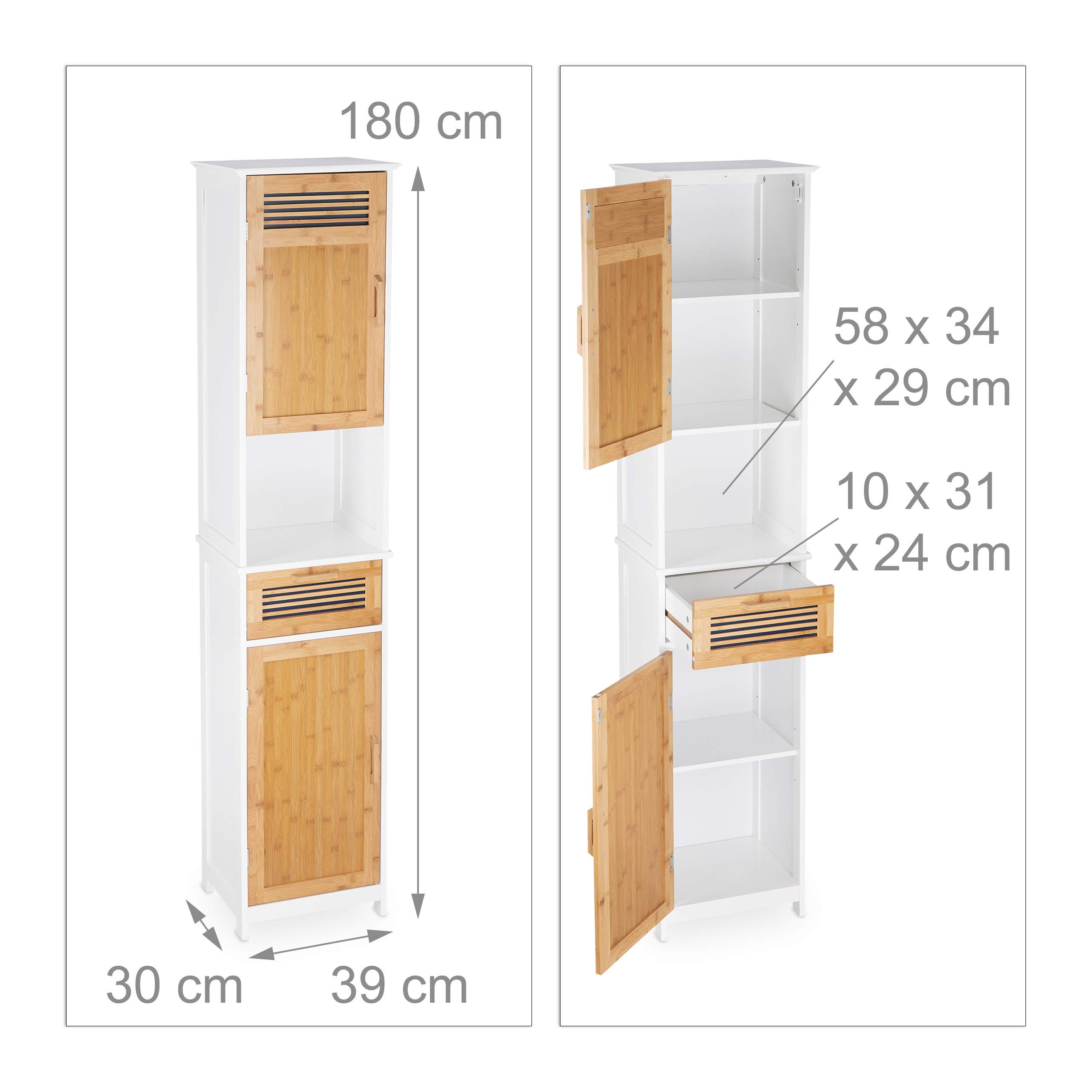 Relaxdays Armoire Haute Salle de Bain, 2 Portes 1 Tiroir, Colonne SDB HxLxP: env. 180x39x30 cm, Bois Bambou Blanc-Nature