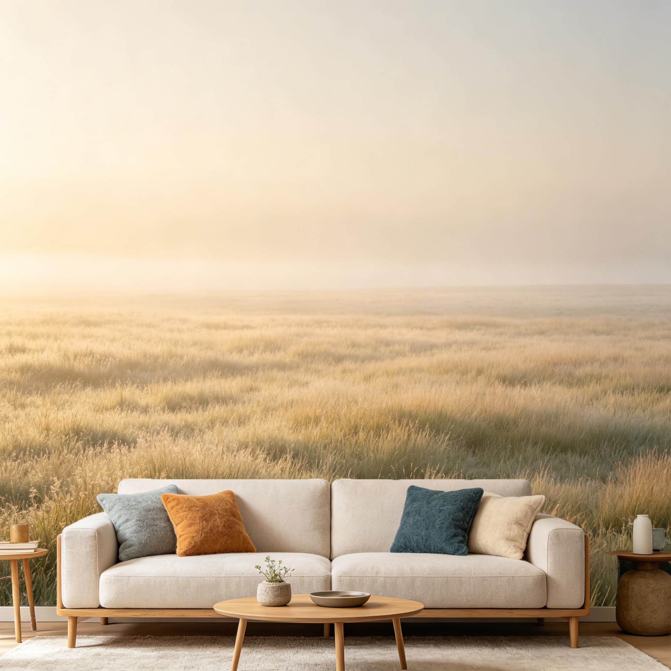 Custom Size Wall Mural Misty Morning Meadow Landscape Golden Sunrise Field Minimalist Nature Scenery SelfAdhesive Art Prints wall Fabric（No PVC） Removable Wallpaper Home Bedroom Decor