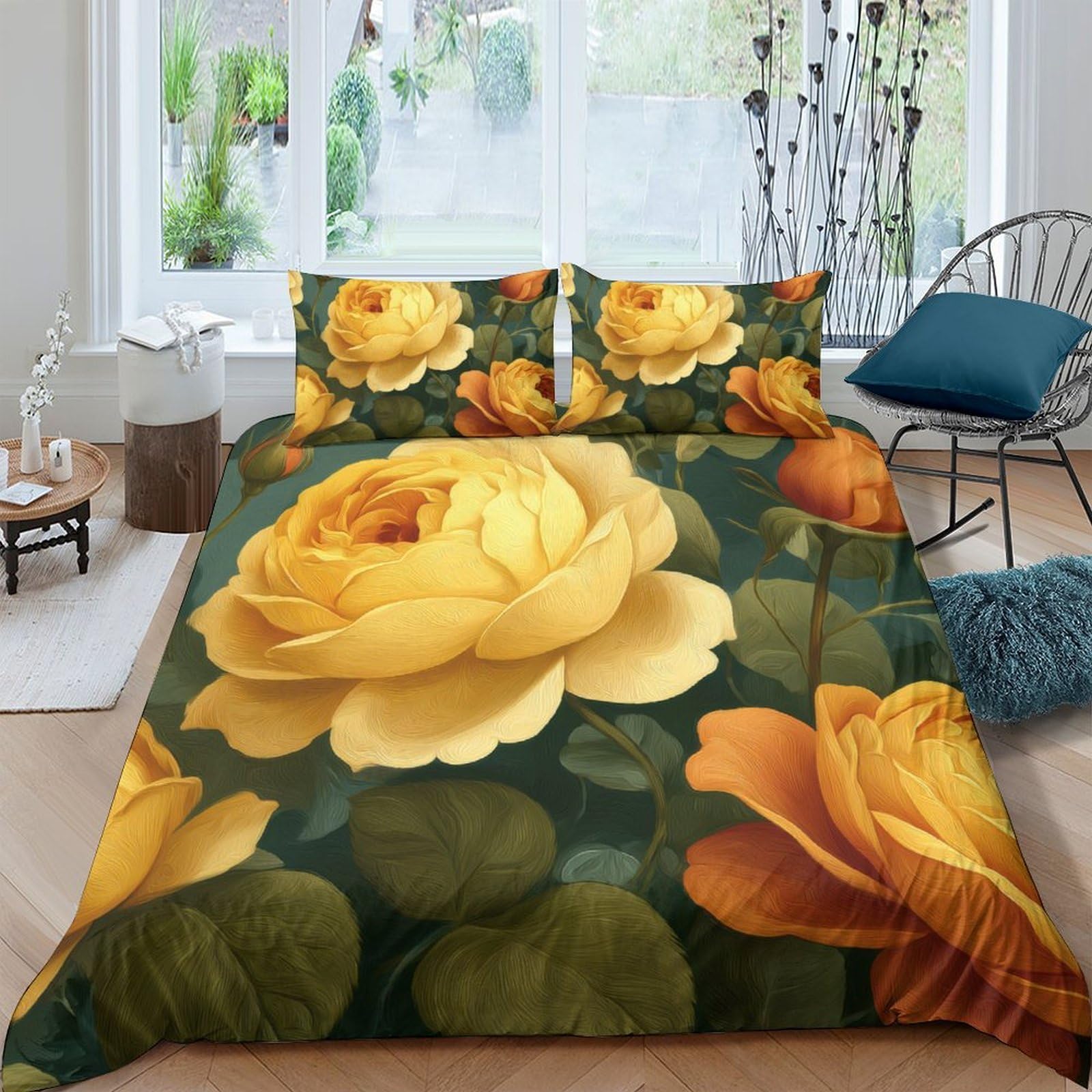 P5V6M1Q9 3D Printed Yellow Rose Duvet Cover Set Microfiber Soft Floral Bedding Set with 2 Pillowcases for Bedroom Home Single（135x200cm）
