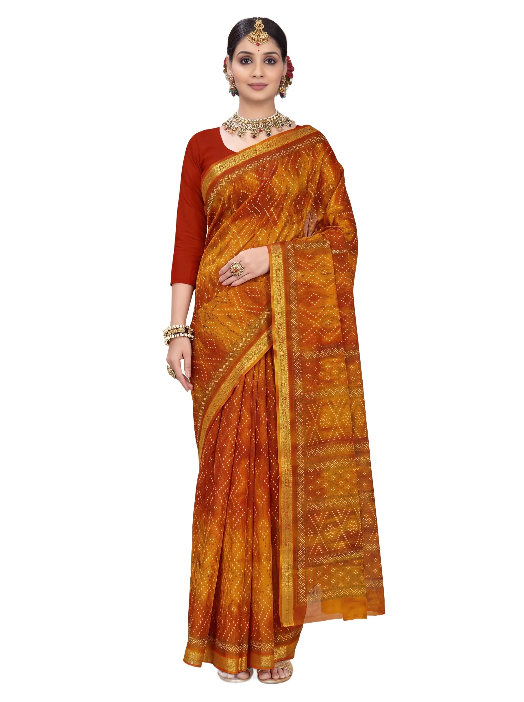 A soft malai cotton saree featuring classic Jaipuri bandhani-print patterns in warm, festive shades for effortless elegance.-picture-11