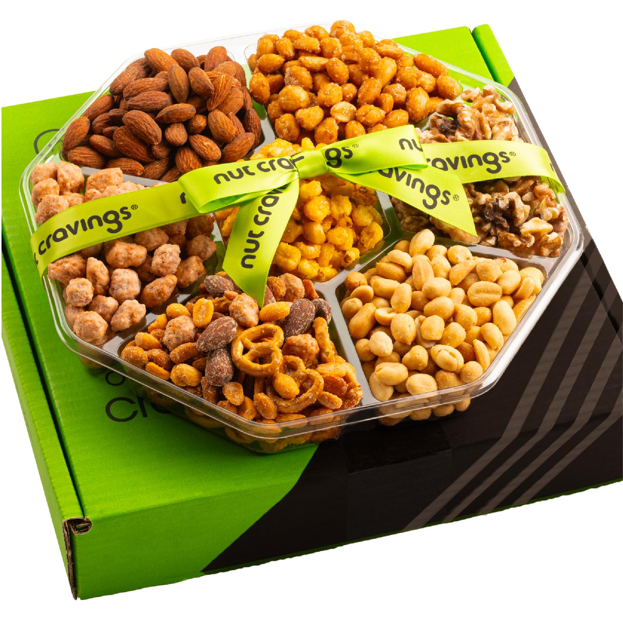 NUT CRAVINGS - Halloween Treats For Adults Mixed Nuts Gift Basket + Green Ribbon Classic (7 Assortments, 1 LB) Holiday Xmas Christmas Food Arrangement, Healthy Snack Care Package, Food Assortments