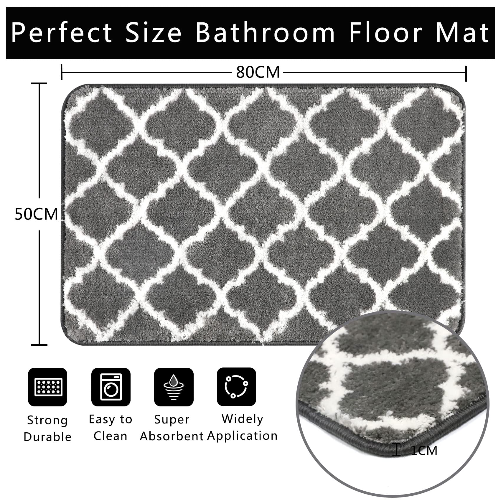 Famibay Bath Mat 50x80cm Bathroom Mat Non Slip Washable Soft Bath Foot Mat Super Absorbent for Bathroom Floor Dark Grey - Image 2