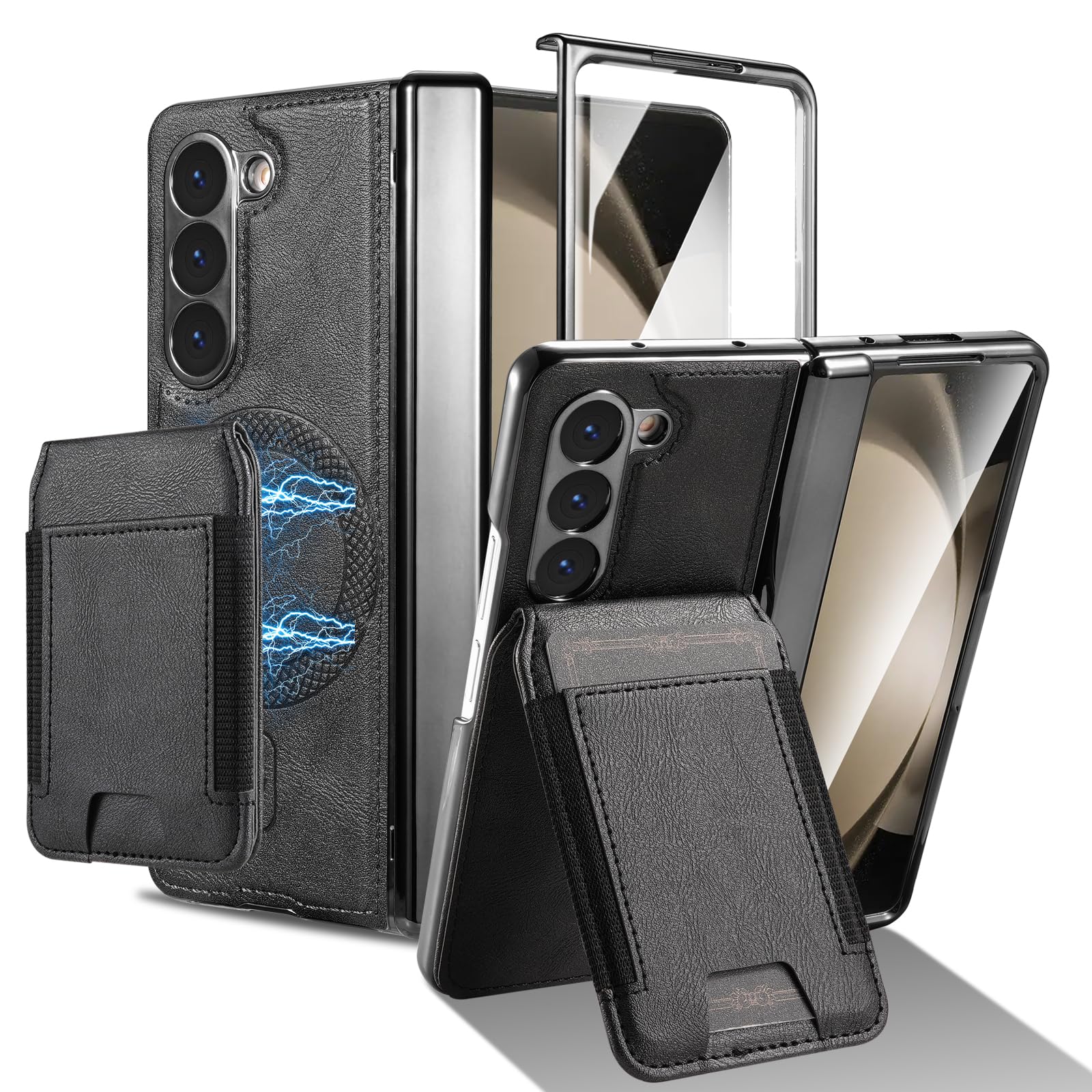 Photo 1 of Fudley for Samsung Galaxy Z Fold 5 Case [Compatible with MagSafe] Built-in Screen Protector and Hinge Protection, Vintage Matte PU Leather with Magnetic Z Fold 5 Case Phone Cover Protective - Black