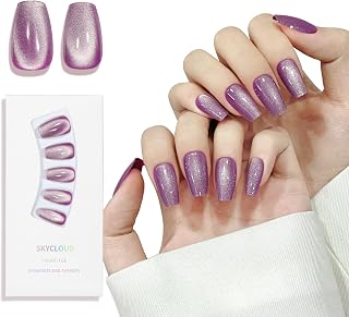 Purple Cat Eyes Press On Nails - 24 Pcs Soft Gel Medium Coffin Fake Nails Kit With Glue, 12 Sizes, Natural Reusable Stick On False Nails for Women and Girls (Skycloud Purple) SK0860