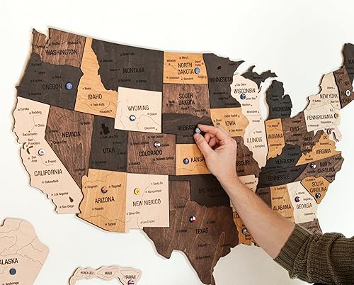 Miniatura 4 de WOODWAYCRAFT - Rastreador de viaje de madera con mapa de Estados Unidos, arte rústico de pared 3D de Estados Unidos, decoración de mapa de madera