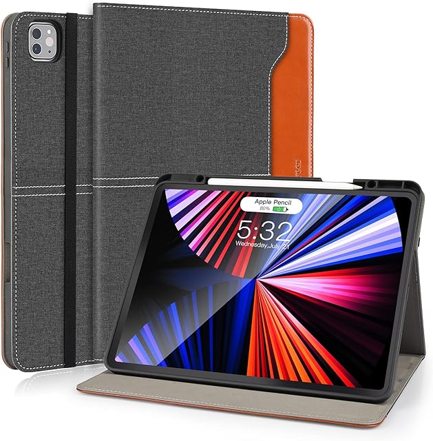 DLveer Case for iPad Pro 12.9 2022/2021 with Pencil Holder, PU Leather+ Soft TPU Back Stand Cover with Auto Sleep/Wake for iPad Pro 12.9 Inch 6th Generation/5th Generation, Denim Black