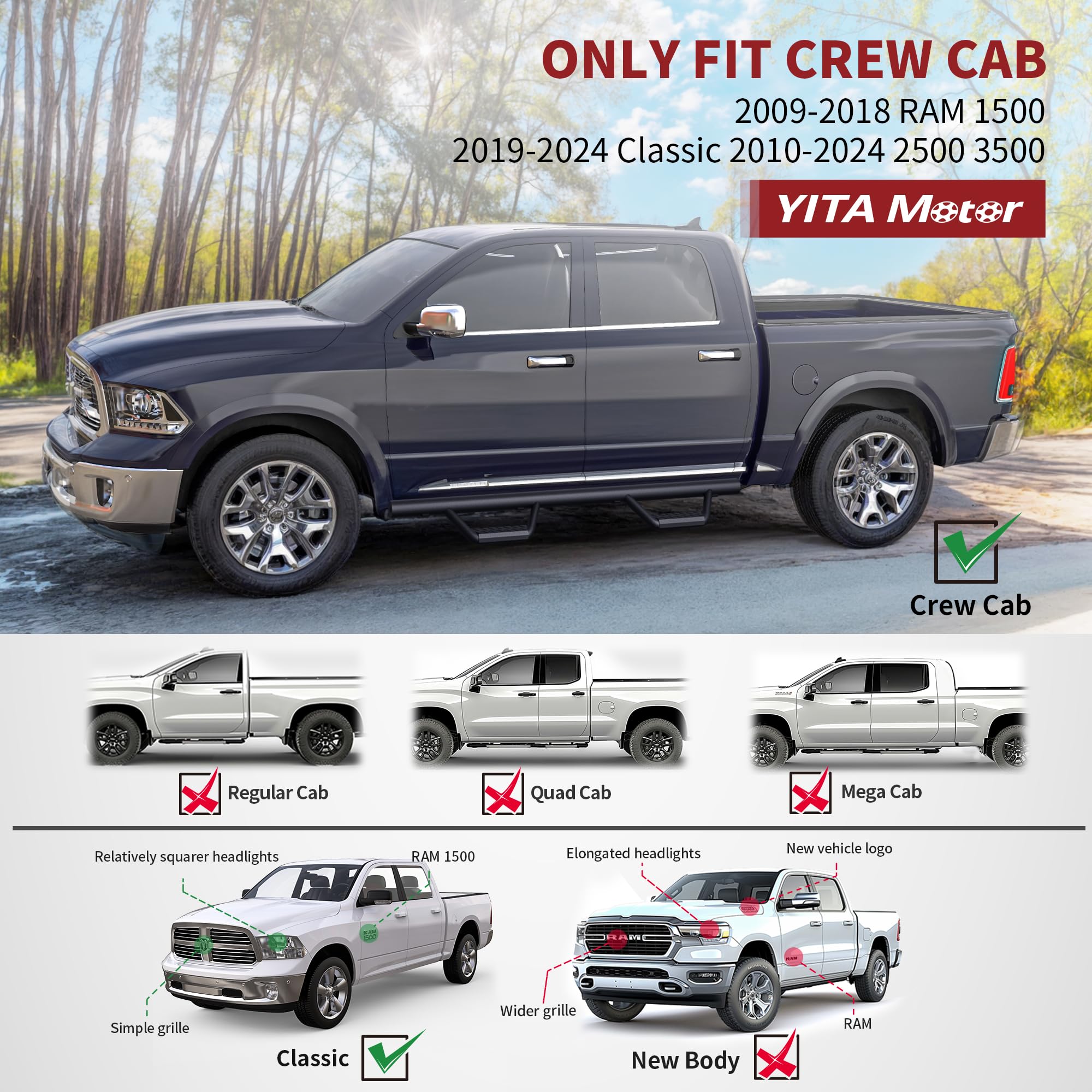 YITAMOTOR Drop Running Boards Compatible with 2009-2018 Dodge Ram 1500 Crew Cab, 2019-2024 1500 Classic, 2010-2024 Ram 2500/3500 Side Steps Textured Black Nerf Bars