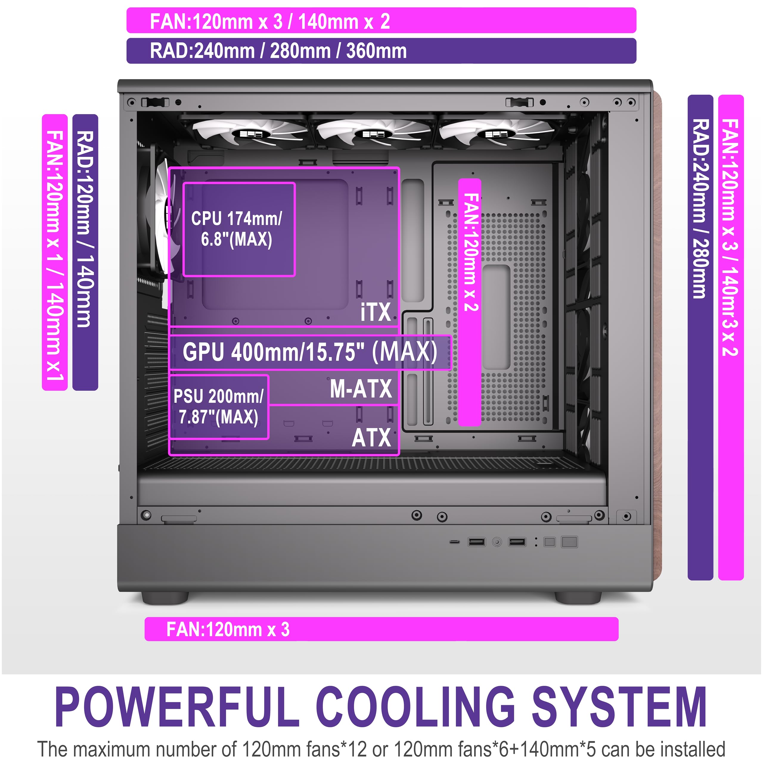 darkFlash DS900WS(2025) ATX PC-behuizing, echt walnotenhout, vooraf geïnstalleerde 4x120mm PWM ARGB-ventilatoren Computerbehuizing, mid-tower gaming-pc-behuizing, Type C-poort, tot 360 mm AIO (zwart