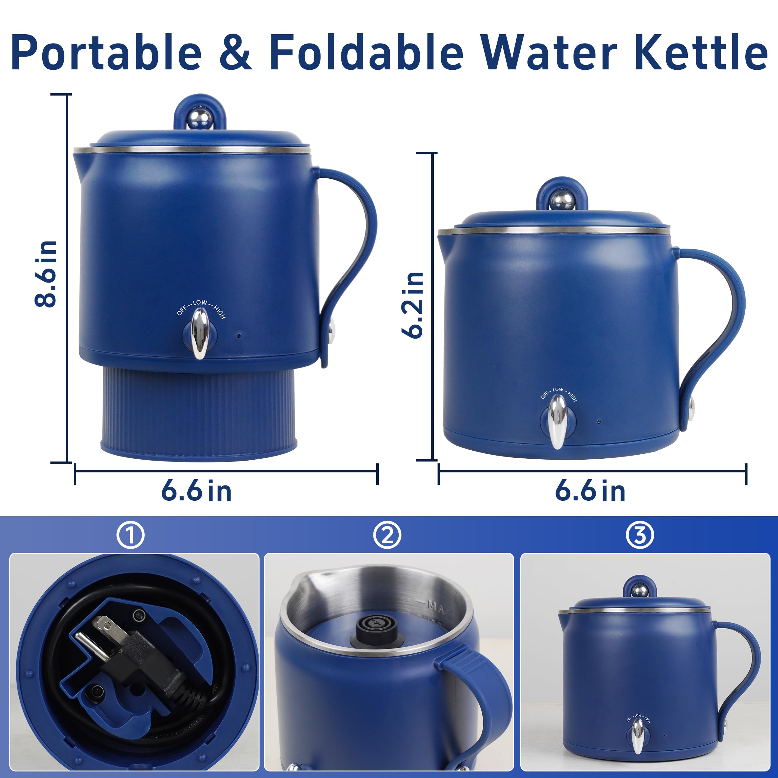 cglightwsparkle Travel Electric Hot Pot, 800mL Foldable Stainless Steel Electric Kettle, Heating Water and Cooking Noodles, with Dual Power Control, Suitable for Travel, Dormitory, Dark Blue