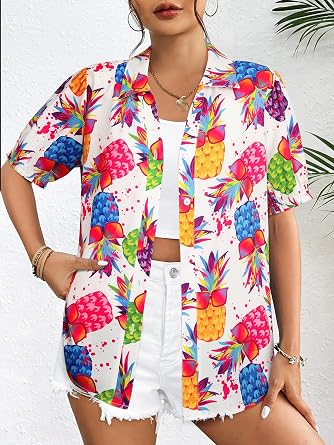 ZXZY Women Hawaiian Shirt Puff Short-Sleeve Tees Pineapple Graphic Tops