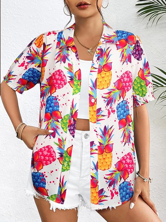 ZXZY Women Hawaiian Shirt Puff Short-Sleeve Tees Pineapple Graphic Tops
