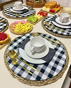 Kit 04 Capas Sousplat Xadrez Preto Jogo Americano Redondo 35cm Estilo Rústico Decoração Mesa Posta