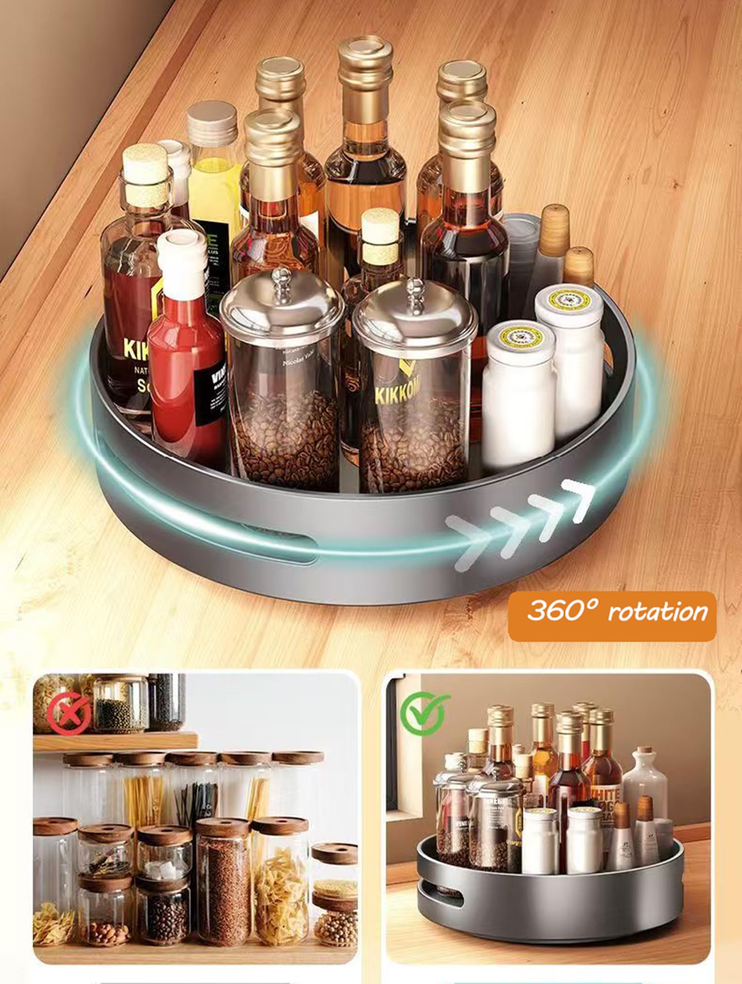 Especiero Giratorio 360°, Lazy Susan Despensa Organizador Especieros para Cocina Giratorio Estante De Plástico para Botellas, Cosmético, Armario, Despensa, Baño,Negro,30cm