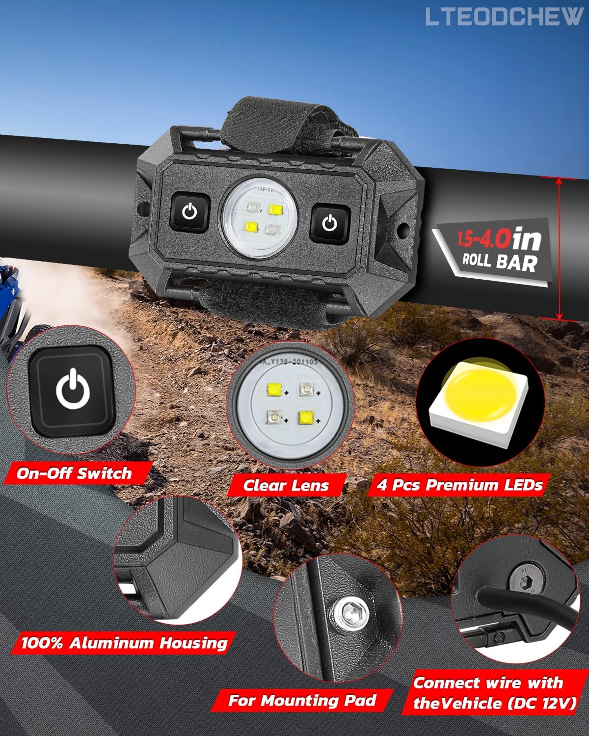 UTV Dome Light White and Amber, Aluminum IP68 Waterproof Flood Beam Car Interior Lights 12V Wired for UTV ATV Polaris RZR Can-Am Kawasaki Yamaha SXS Truck