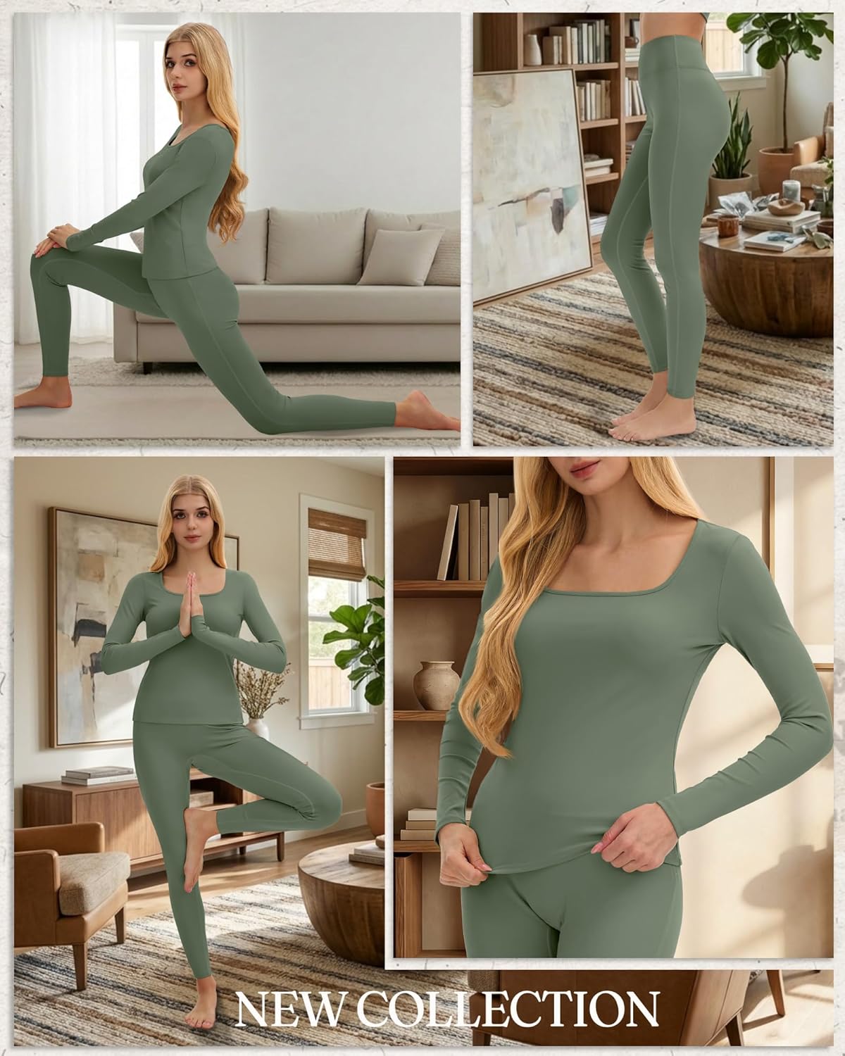 Women's 2 Piece Workout Sets Long Sleeve Yoga Square Neck Top High Waist Leggings Athletic Pants Active Sports Gym - Image 5