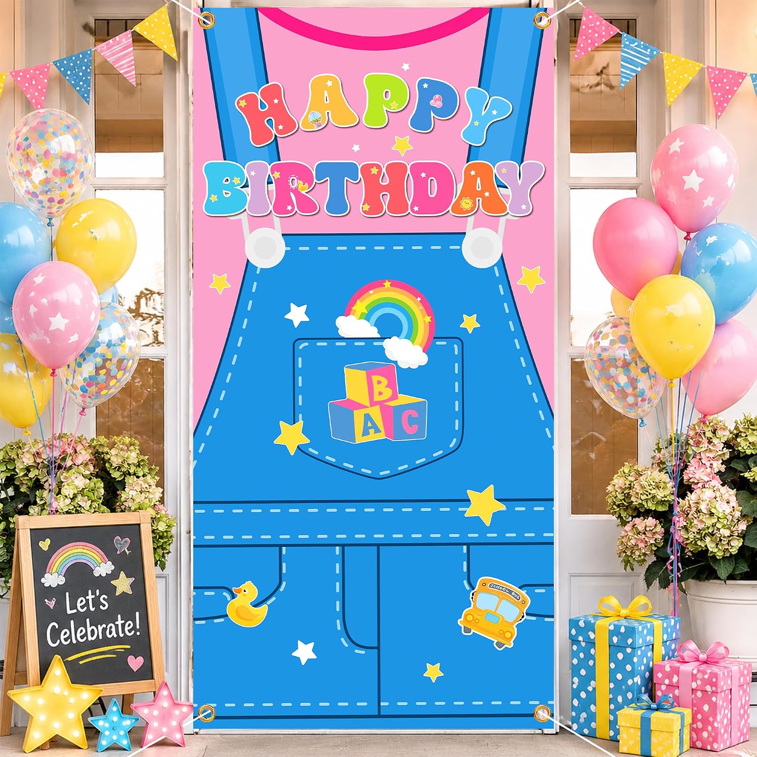 Girls Happy Birthday Door Cover Cartoon Girl Birthday Hanging Banner English Teacher Door Backdrop Cartoon Teacher Porch Banner Kids Girls Birthday Party Supplies for Home Entryway Wall Decoration