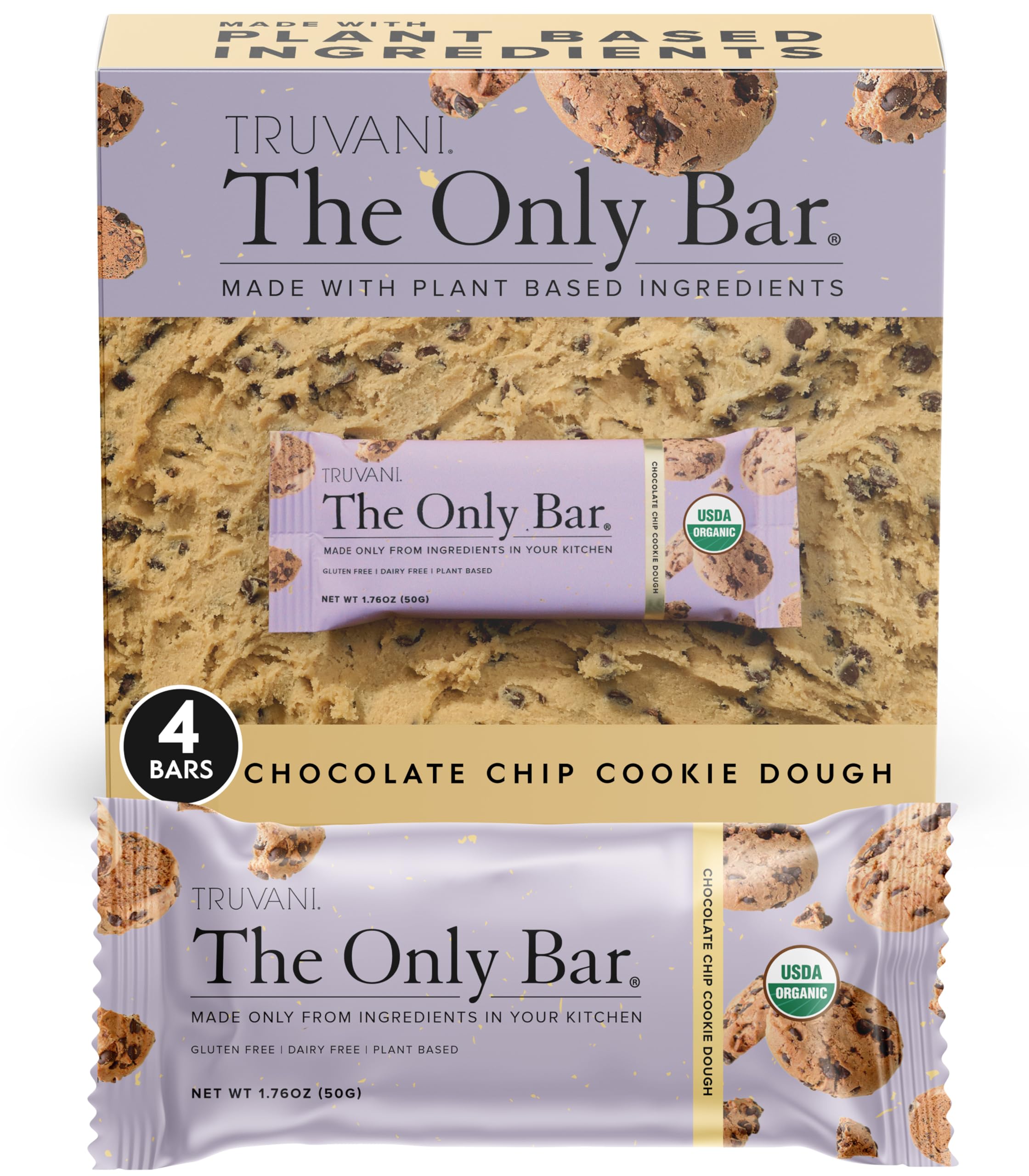 Truvani Plant Based Snack Bars | Chocolate Chip Cookie Dough 4 Pack | 5g Protein | USDA Organic and Vegan | The Only Bar | Dairy, Soy, and Gluten Free | Individually Wrapped