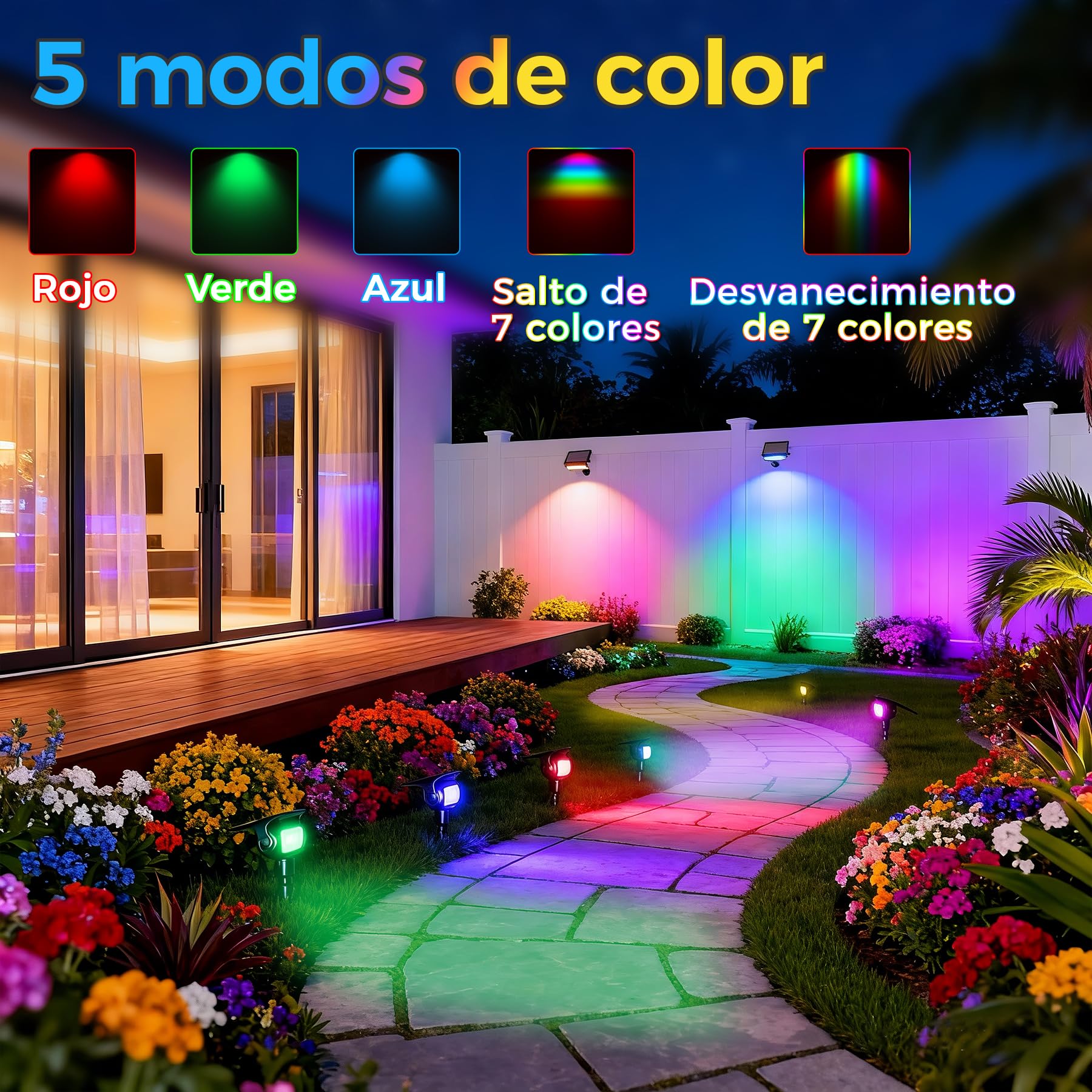 Luces Solares LED Exterior con Estaca, RGB 5 Modos de Cambio de Color, Sensor Crepuscular, IP65 Impermeables, Lámparas Solares para Jardín, Césped y Caminos(4 Piezas)