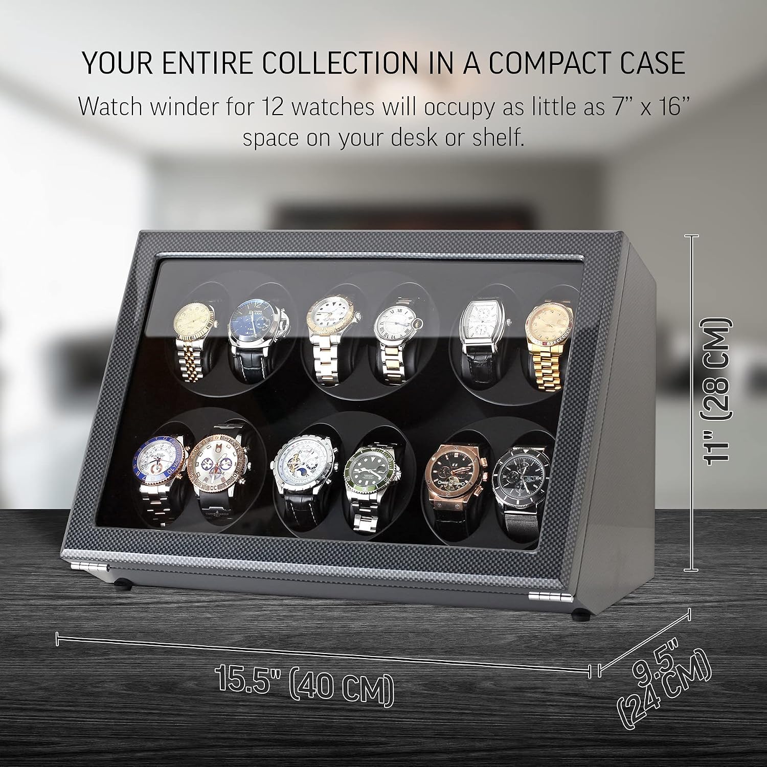 12 Watch Winder for Automatic Watches with Motor-Stop and Battery Option (Carbon)