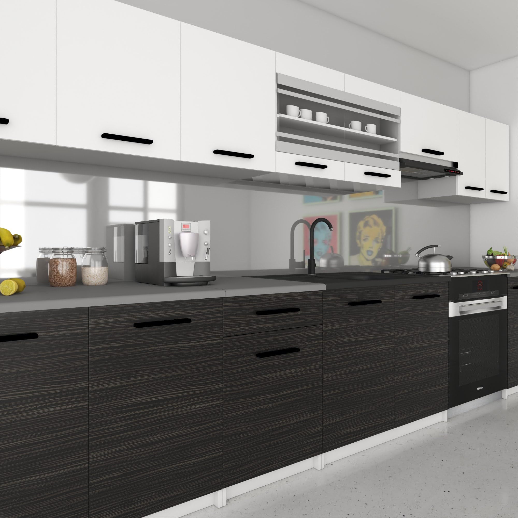 Belini Italia 3 Liniowa szafka kuchenna 320cm biało-hebanowa matowa | ECONATURA DECOR Liniowa szafka kuchenna, szafka, bez sprzętu AGD, z blatem roboczym