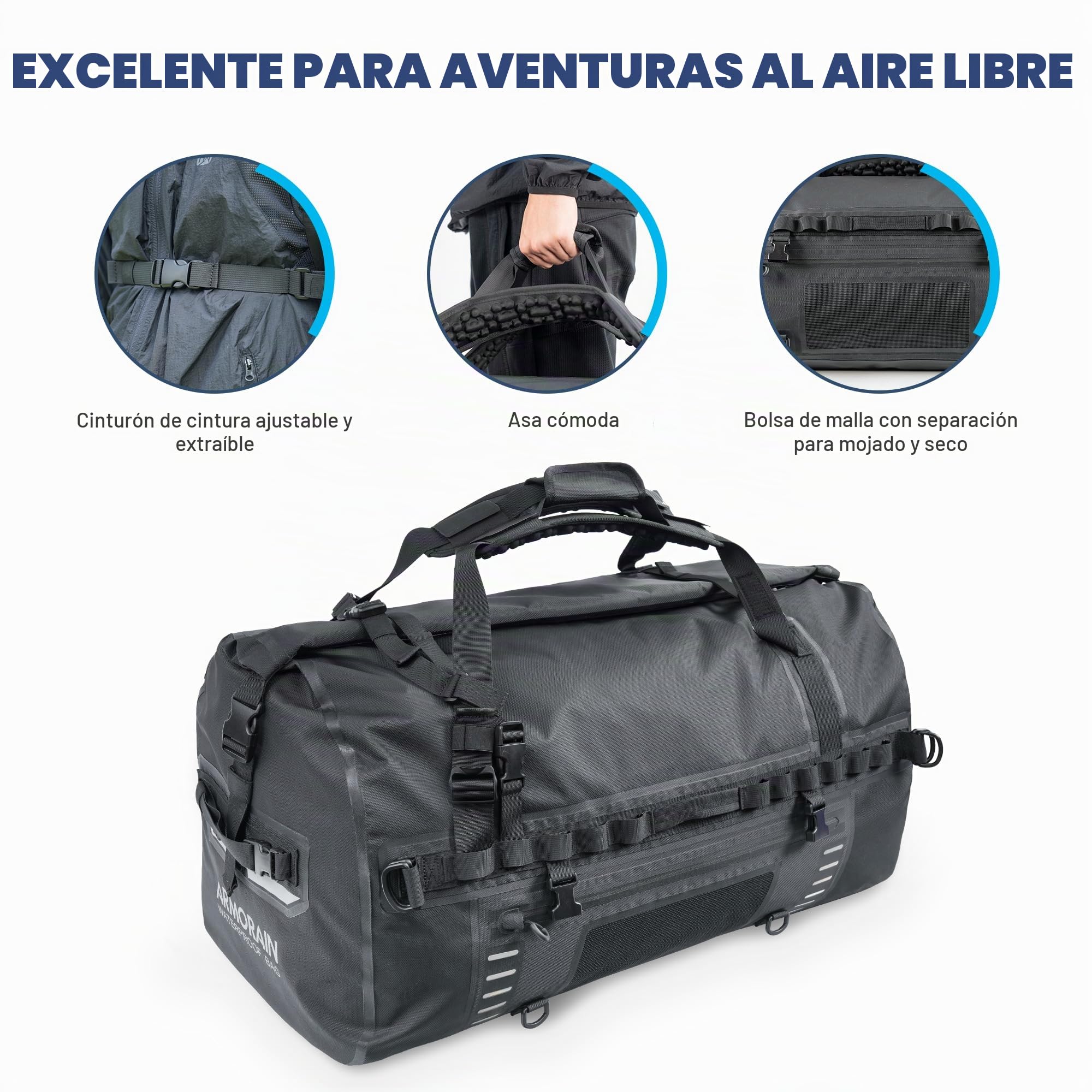 Bolsa de viaje impermeable hermética de gran capacidad ARMORAIN de 90L-110L, equipada con correas para el hombro inflables duraderas y asas, adecuada para equipos de buceo, motocicletas, remo, kayak
