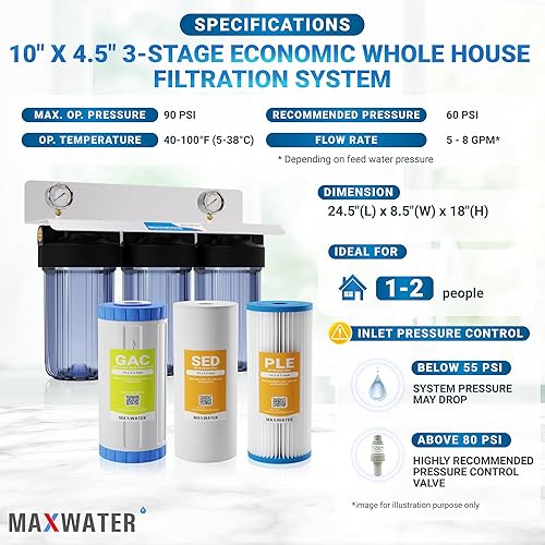 Miniatura 2 de Max Water Sistema de filtración de agua de 3 etapas (sedimento, olor y mejora el sabor) para toda la casa (10 pulgadas x 4.5 pulgadas), sistema de