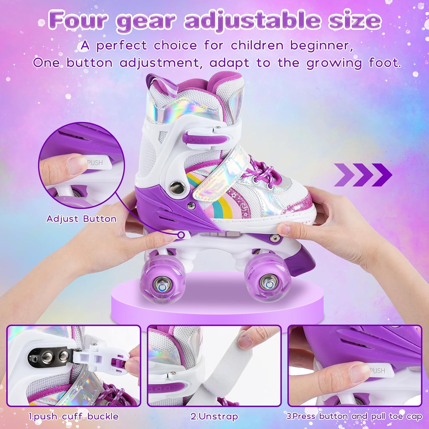 Kids Roller Skates for Girls and Boys, 4 Size Adjustable Rainbow Girls Skates with Light Up Wheels, Toddler Skates for Boys, Beginner Kids Roller Skates Indoor Outdoor