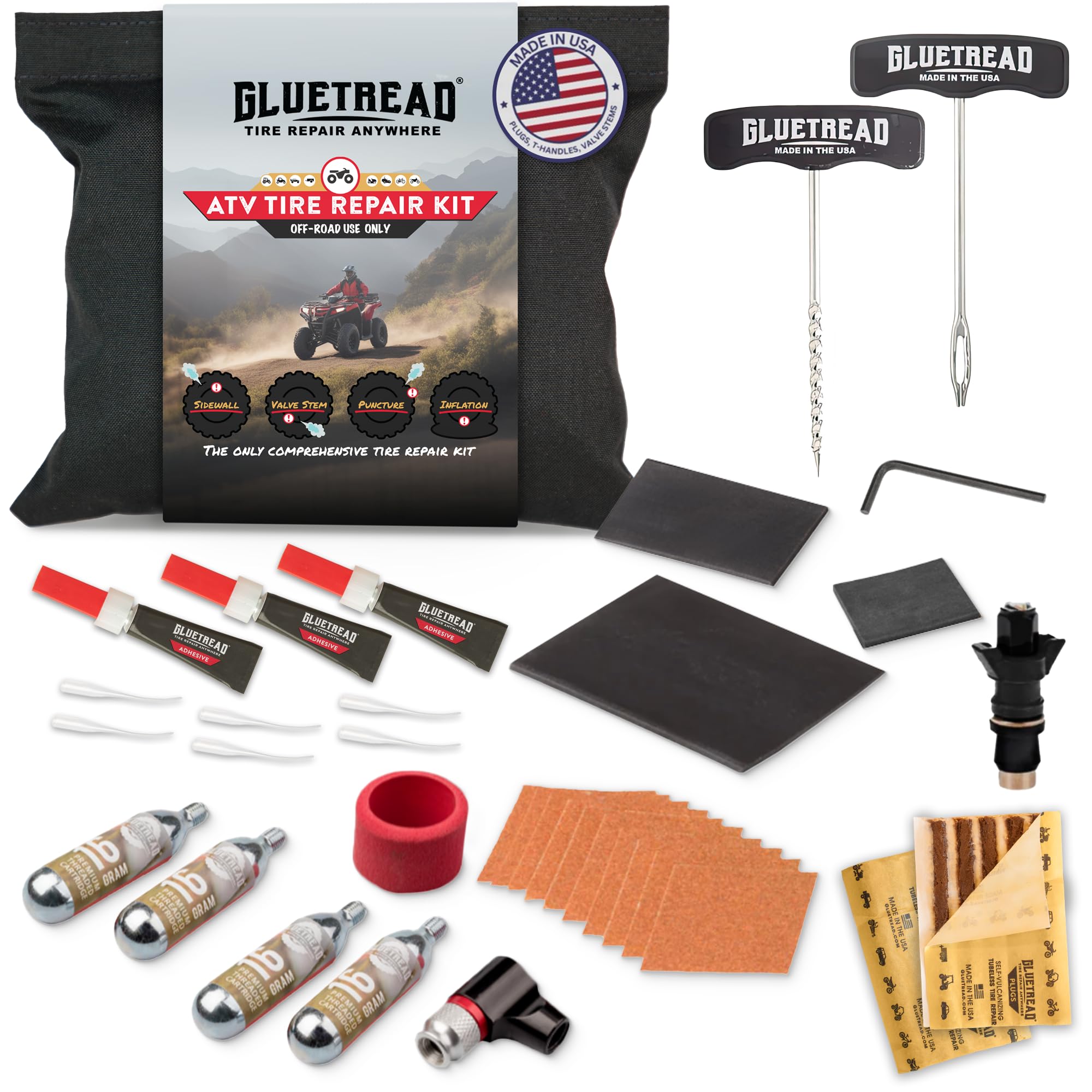 GlueTread ATV Tire Repair Kit Complete Off-Road Tire Patch Kit - Includes Glue Tread Sidewall Repair Patches Colby