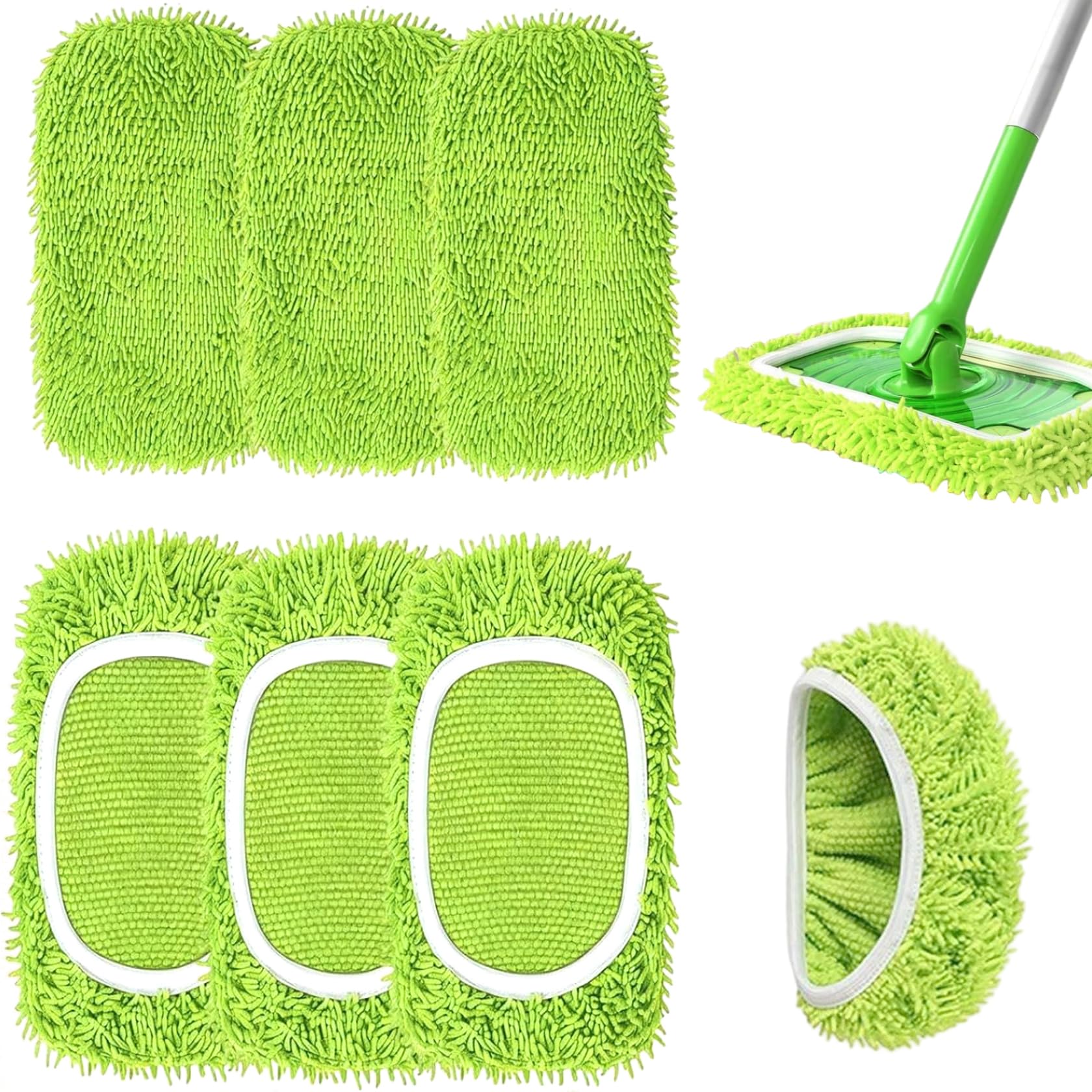 Uanqfegy Chenille Mop Refill Pads - 6PCS Reusable Microfiber Mop Pads for Sweeper, Super Absorbent Washable for Wet Dry Floor Cleaning, Green