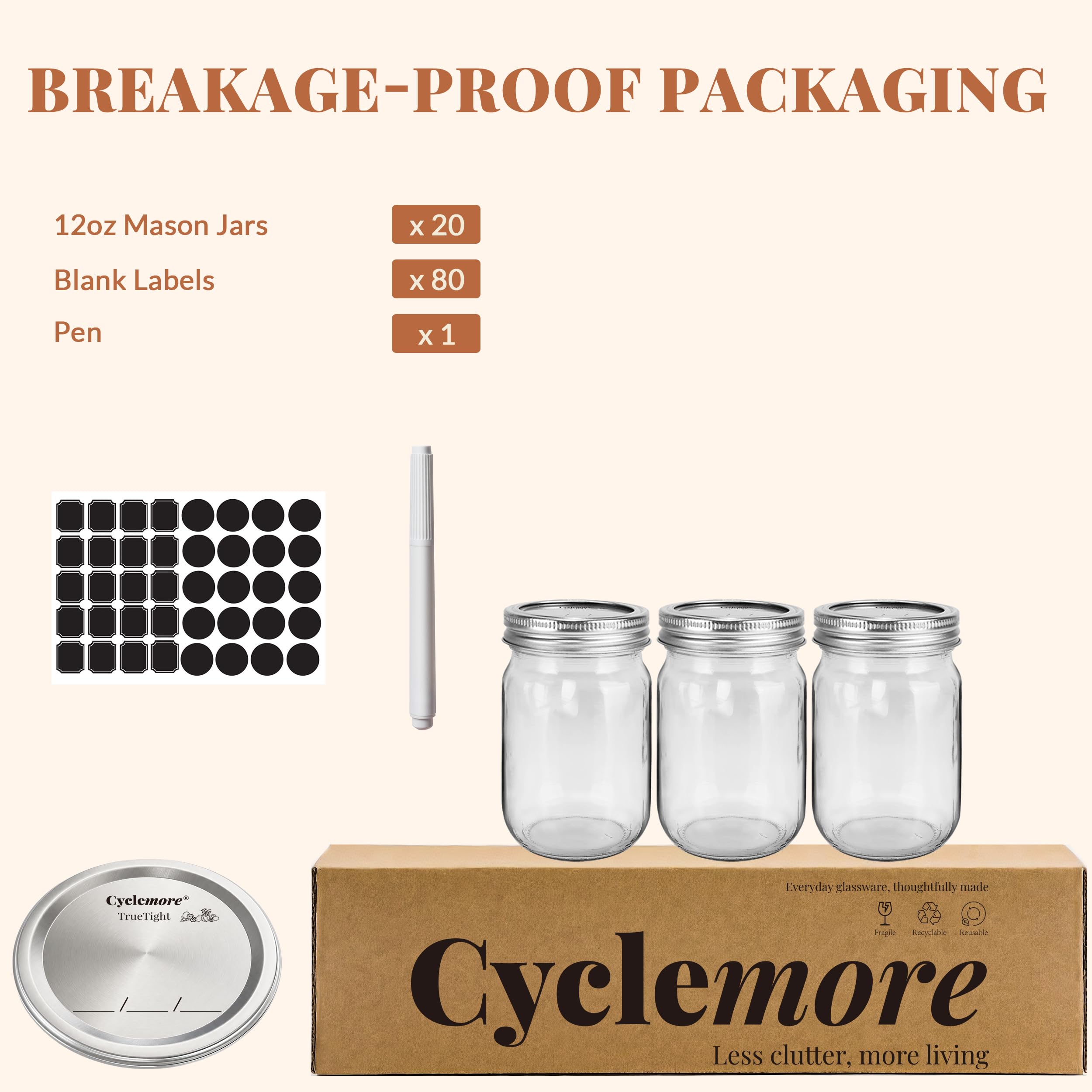 CycleMore 20 szt. 12 oz 350 ml przezroczyste słoiki ze srebrnymi odseparowanymi nakładkami, okrągłe słoiki do Canning Słoiki na miód, dżem, zioło, przysługę ślubną, przechowywanie w kuchni