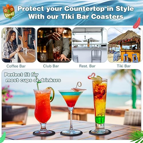 Miniatura 4 de Hushee Tiki - Juego de 6 posavasos de silicona con soporte para discos de vinilo retro Tiki Bar con soporte de madera para bebidas al aire libre