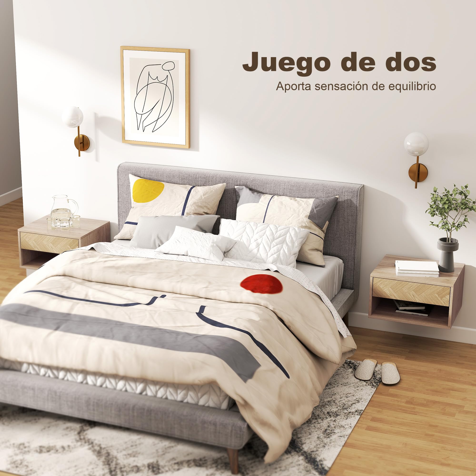 HOMCOM Juego de 2 Mesitas de Noche Flotantes, Mesillas de Noche con Cajón, Estante Abierto, para Dormitorio, Salón, 37x32x21 cm, Natural